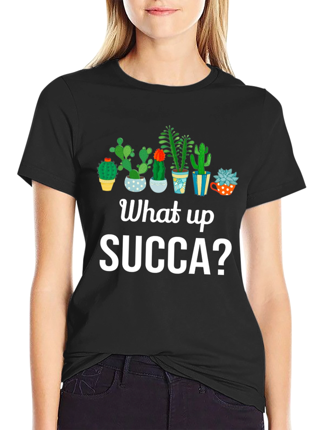 Black What up SUCCA? Cactus Graphic T-Shirt view 2