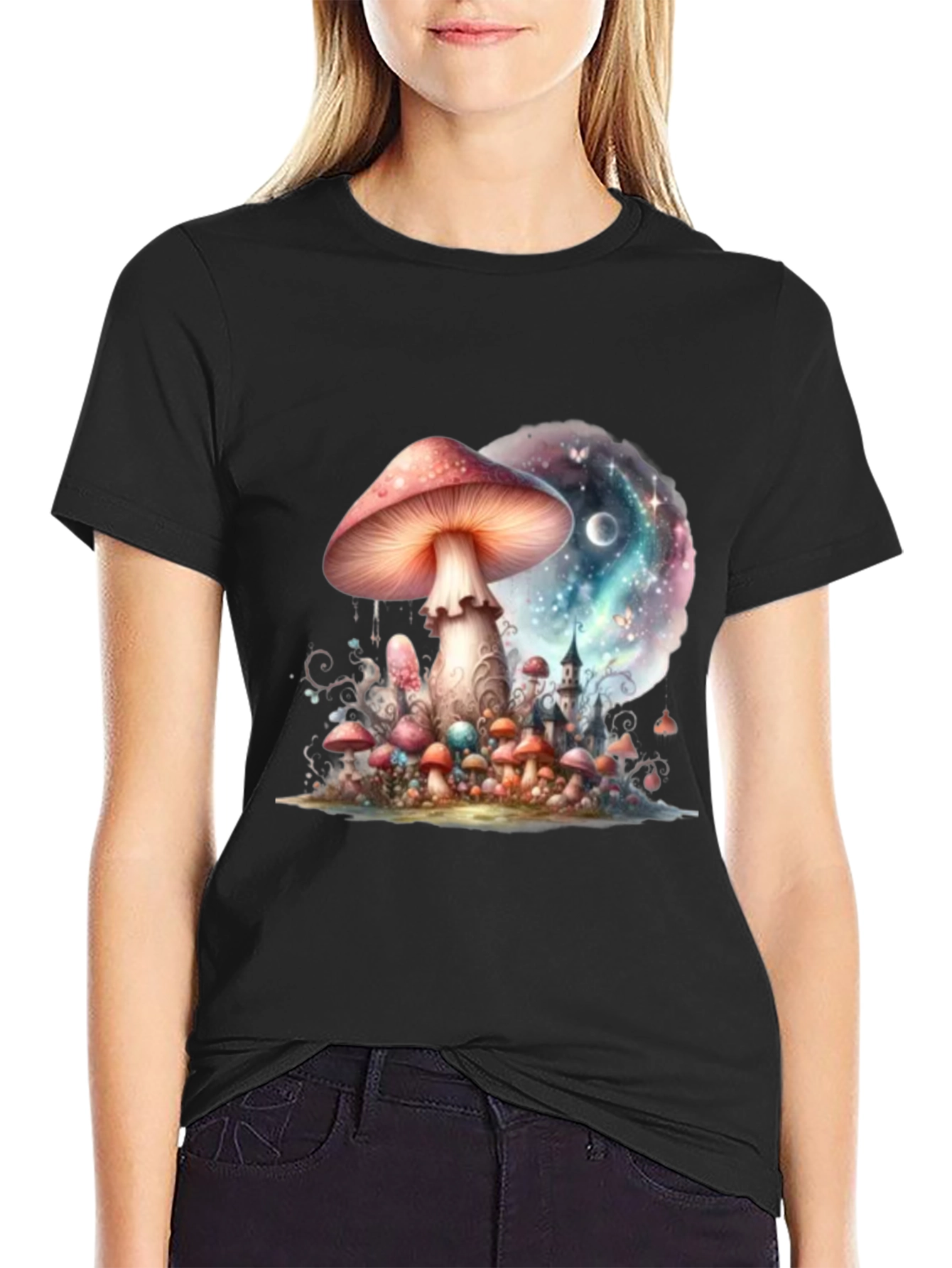 Black Mushroom Galaxy Graphic Tee - Fantasy Design view 2