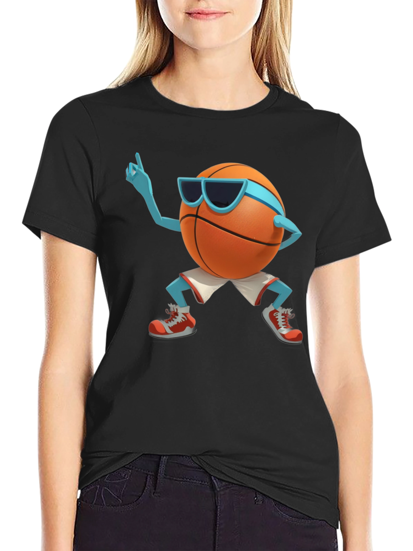 Black Cool Basketball Cartoon Graphic Black T-Shirt view 2