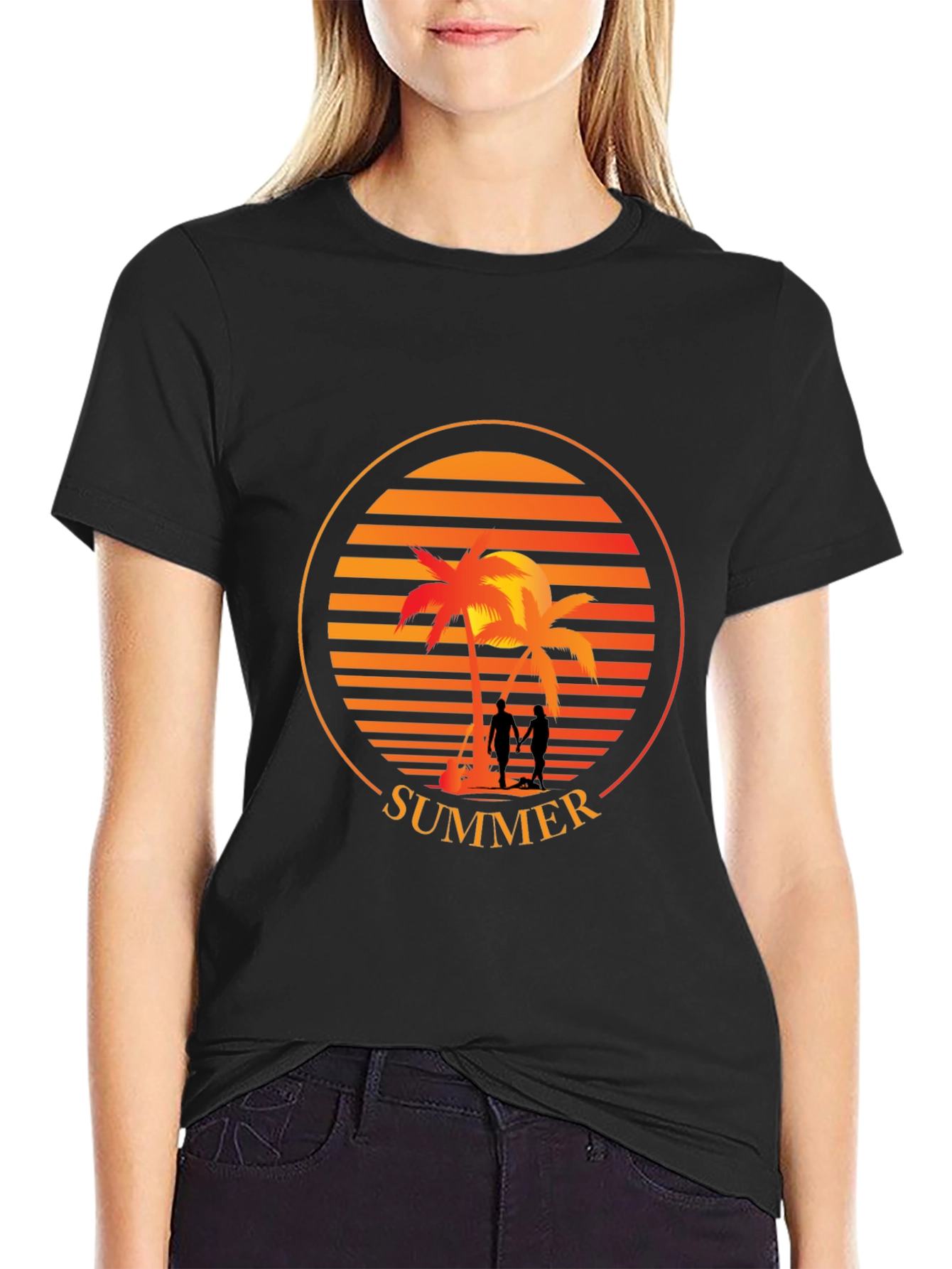 Black Summer Palm Tree Sunset Graphic T-Shirt view 2