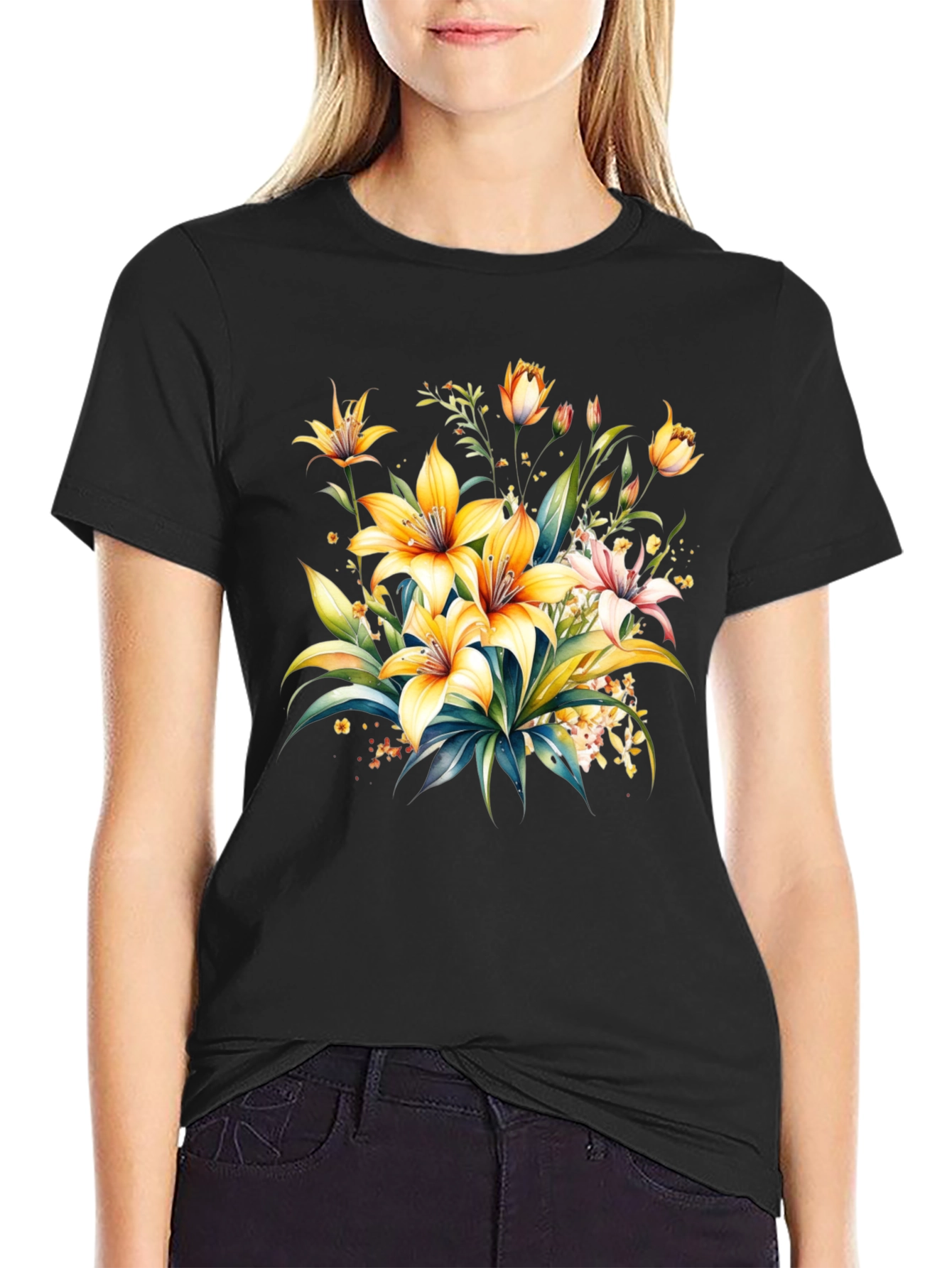 Black Floral Lily Graphic Tee - Black Cotton T-Shirt view 2