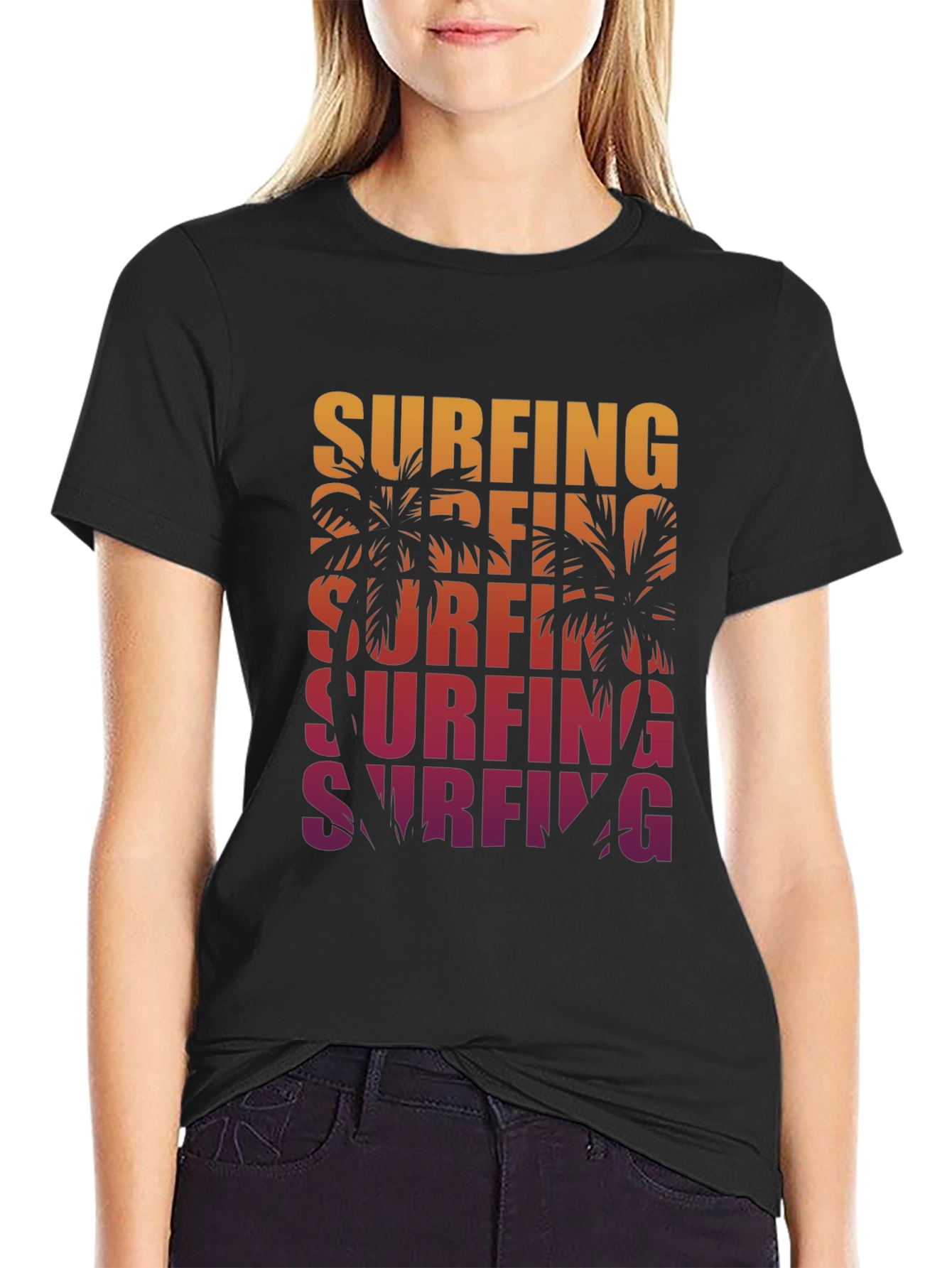 Black Surfing Palm Tree Graphic Tee - Retro Style view 2
