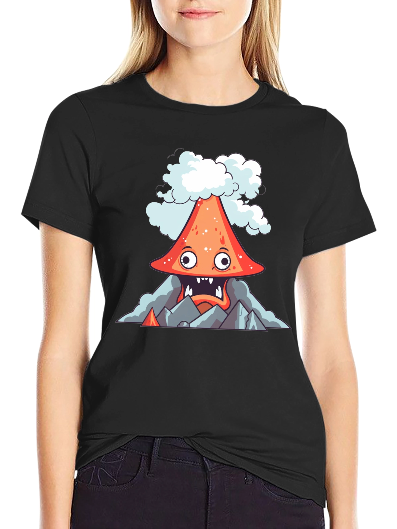 Black Volcano Cartoon Graphic Tee - Black view 2