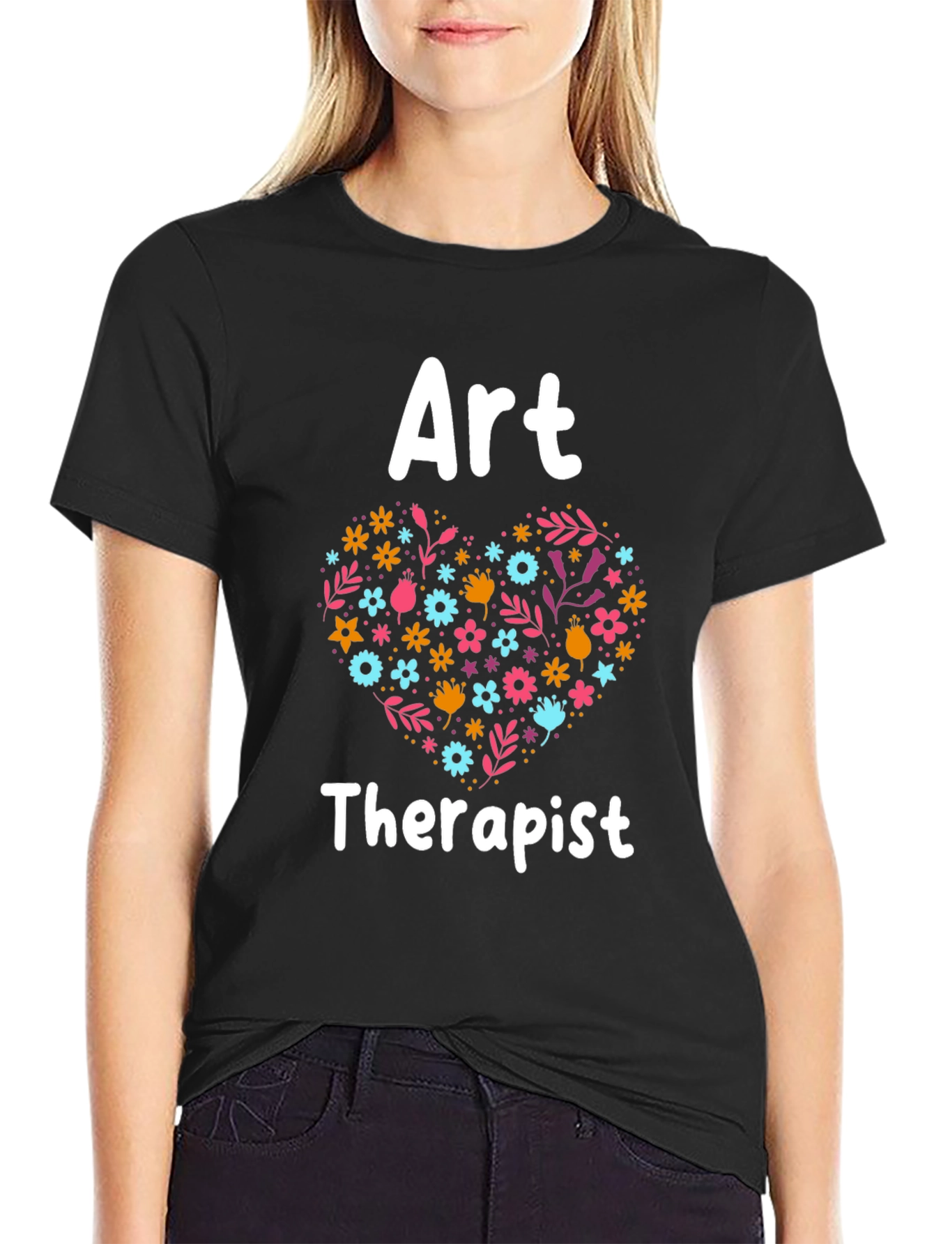 Black Art Therapist Floral Heart Graphic Tee - Black view 2