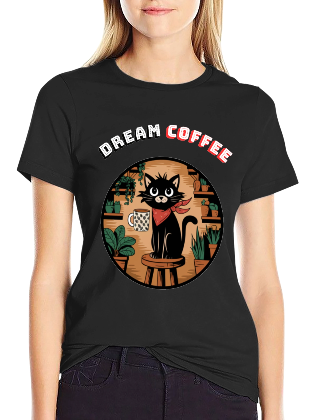 Black Dream Coffee Cat Graphic T-Shirt view 2