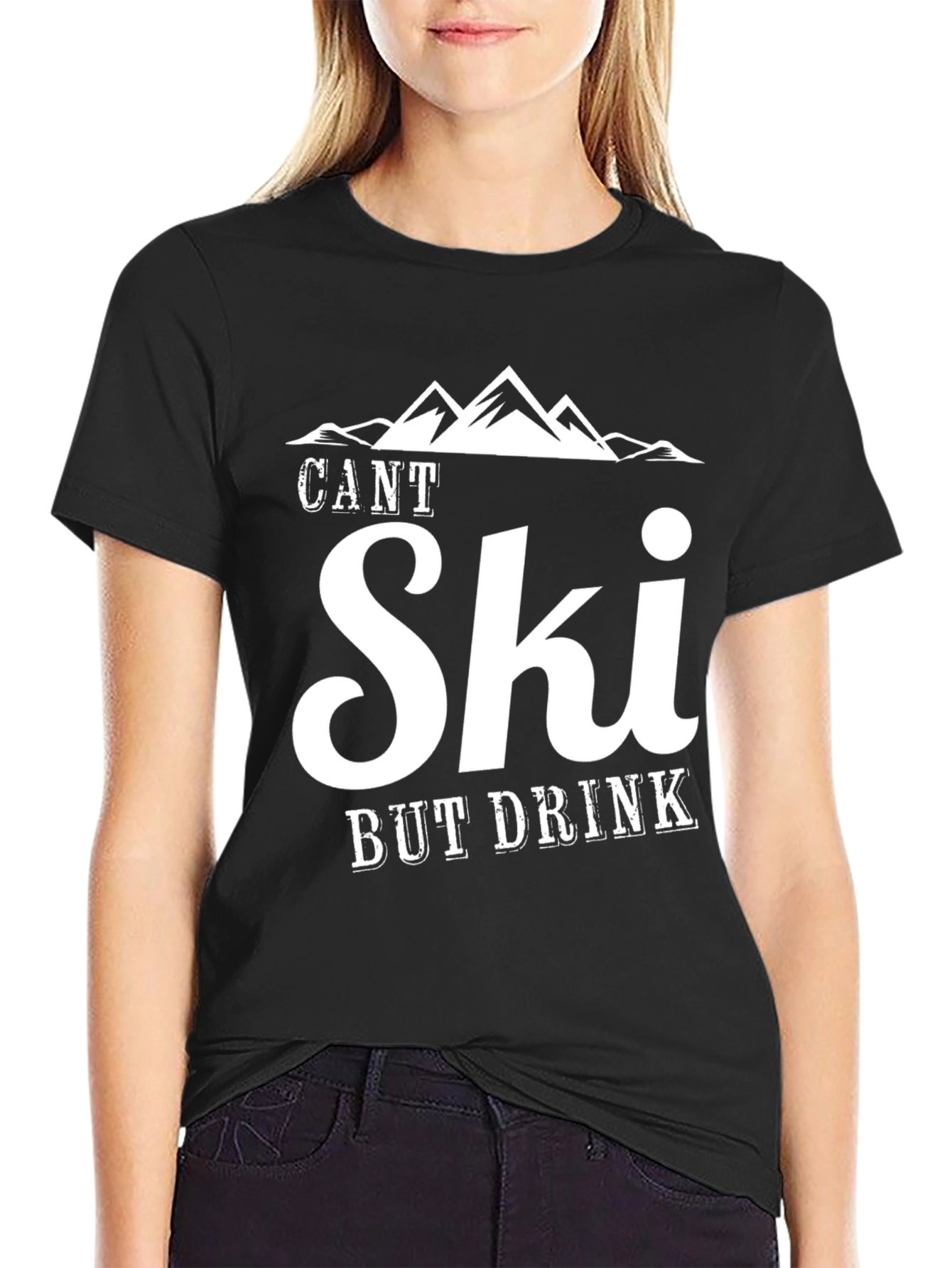 Black Funny Skiing T-Shirt - Can't Ski But Drink Tee view 2