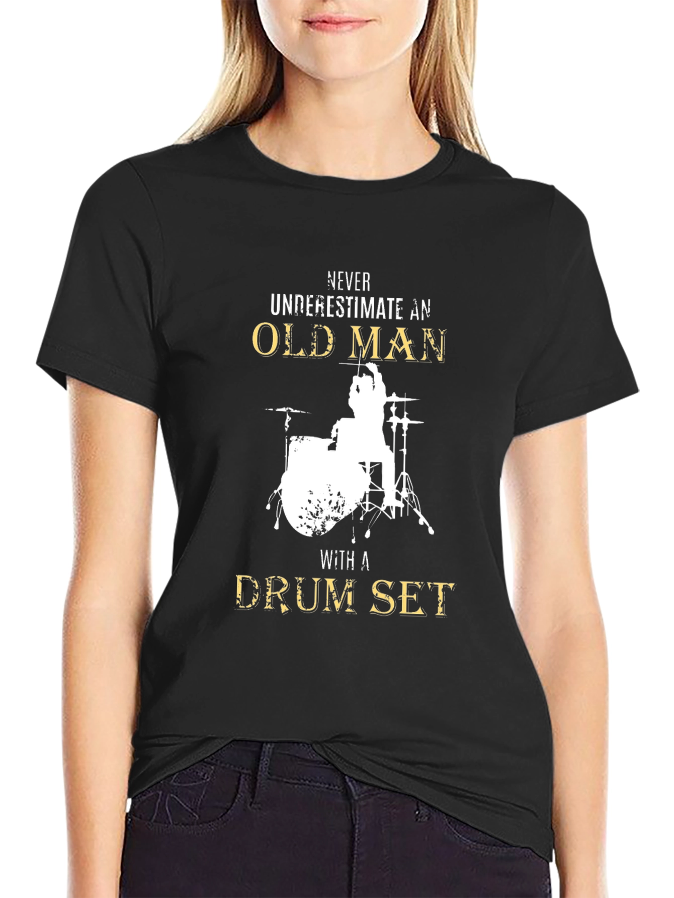Black Old Man Drum Set T-Shirt - Black Graphic Tee view 2