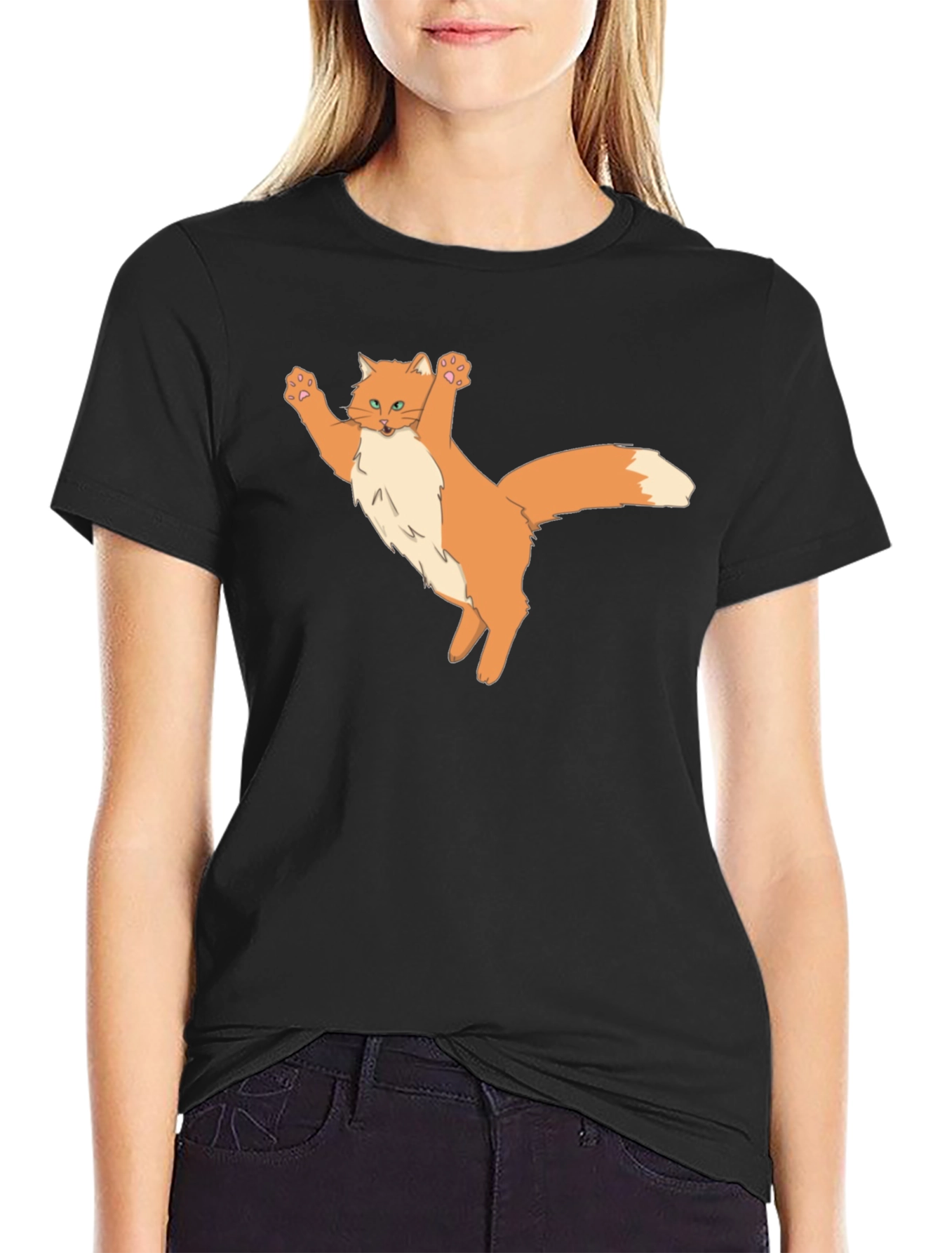 Black Black T-Shirt with Cartoon Cat Design view 2