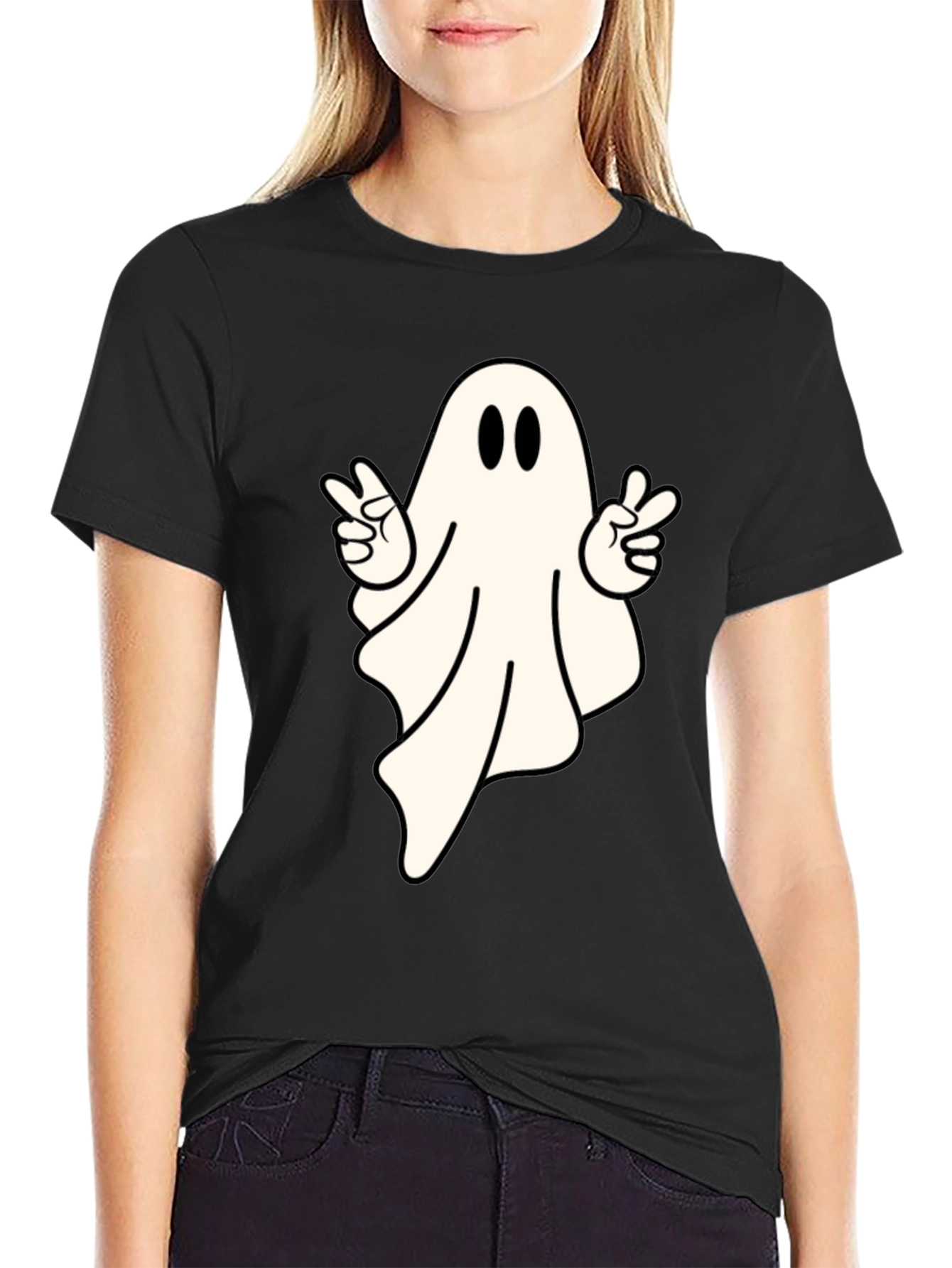 Black Cool Ghost Peace Sign T-Shirt - Spooky Season Apparel view 2