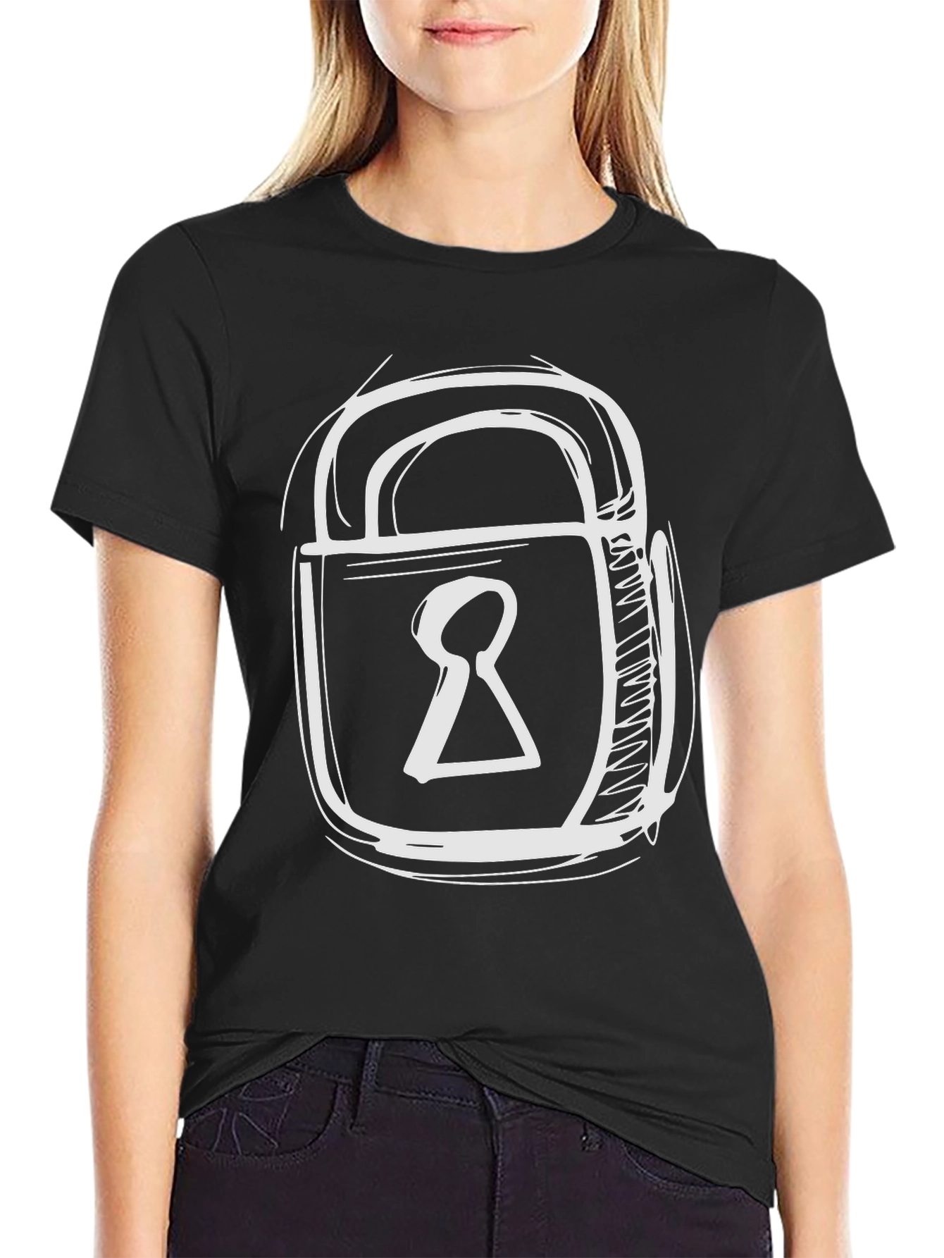 Black Black T-Shirt with Padlock Graphic Print view 2