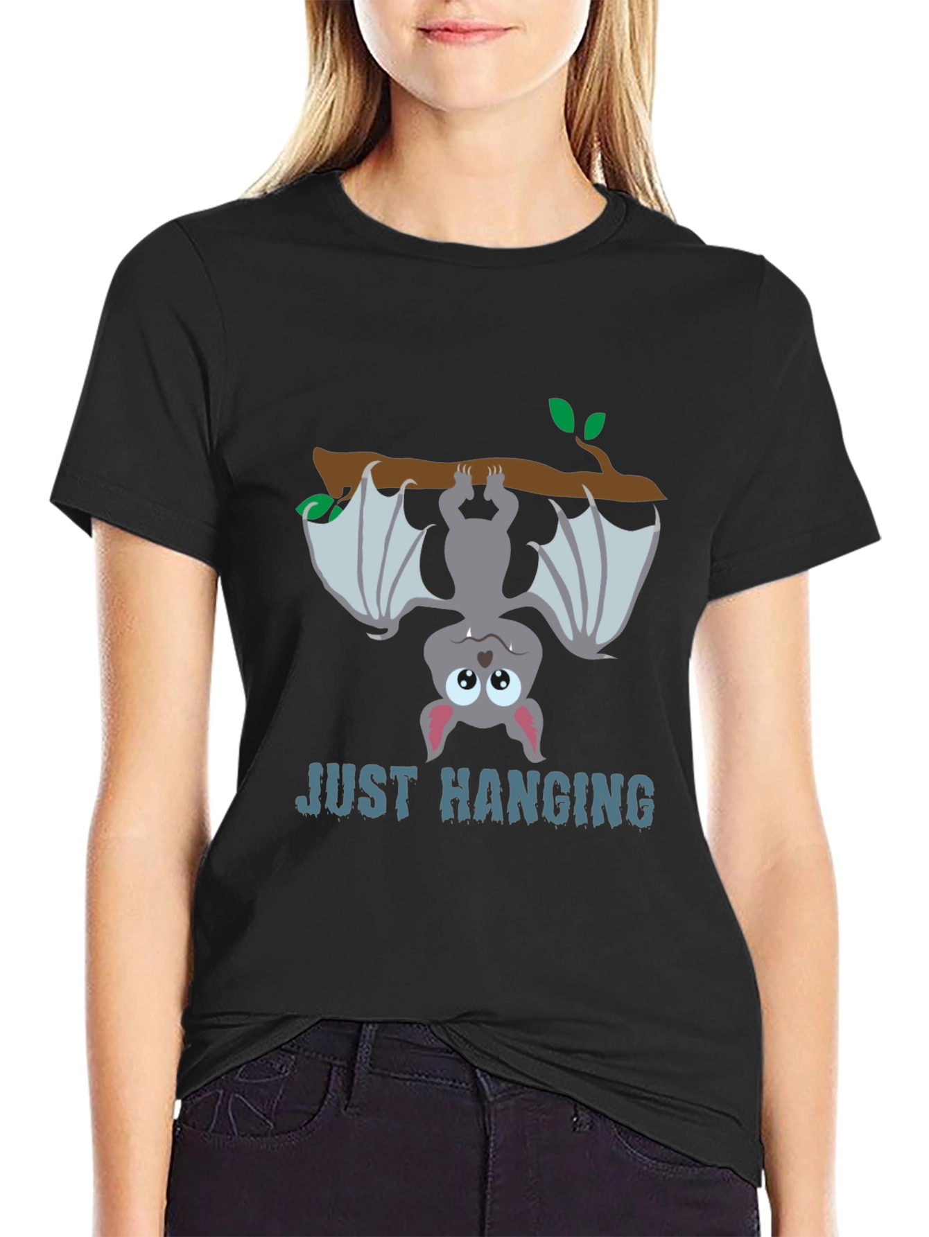 Black Just Hanging Bat Graphic Tee - Black Cotton T-Shirt view 2