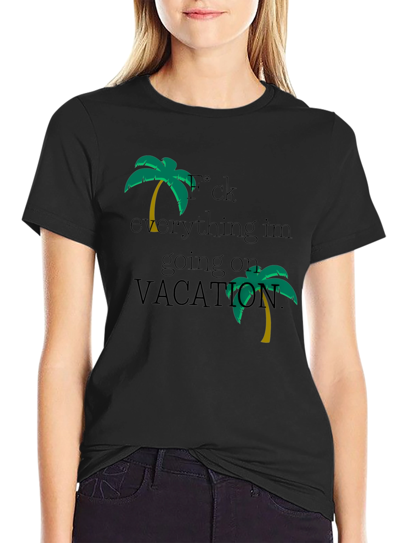 Black Vacation Mode Black T-Shirt - Palm Tree Design view 2