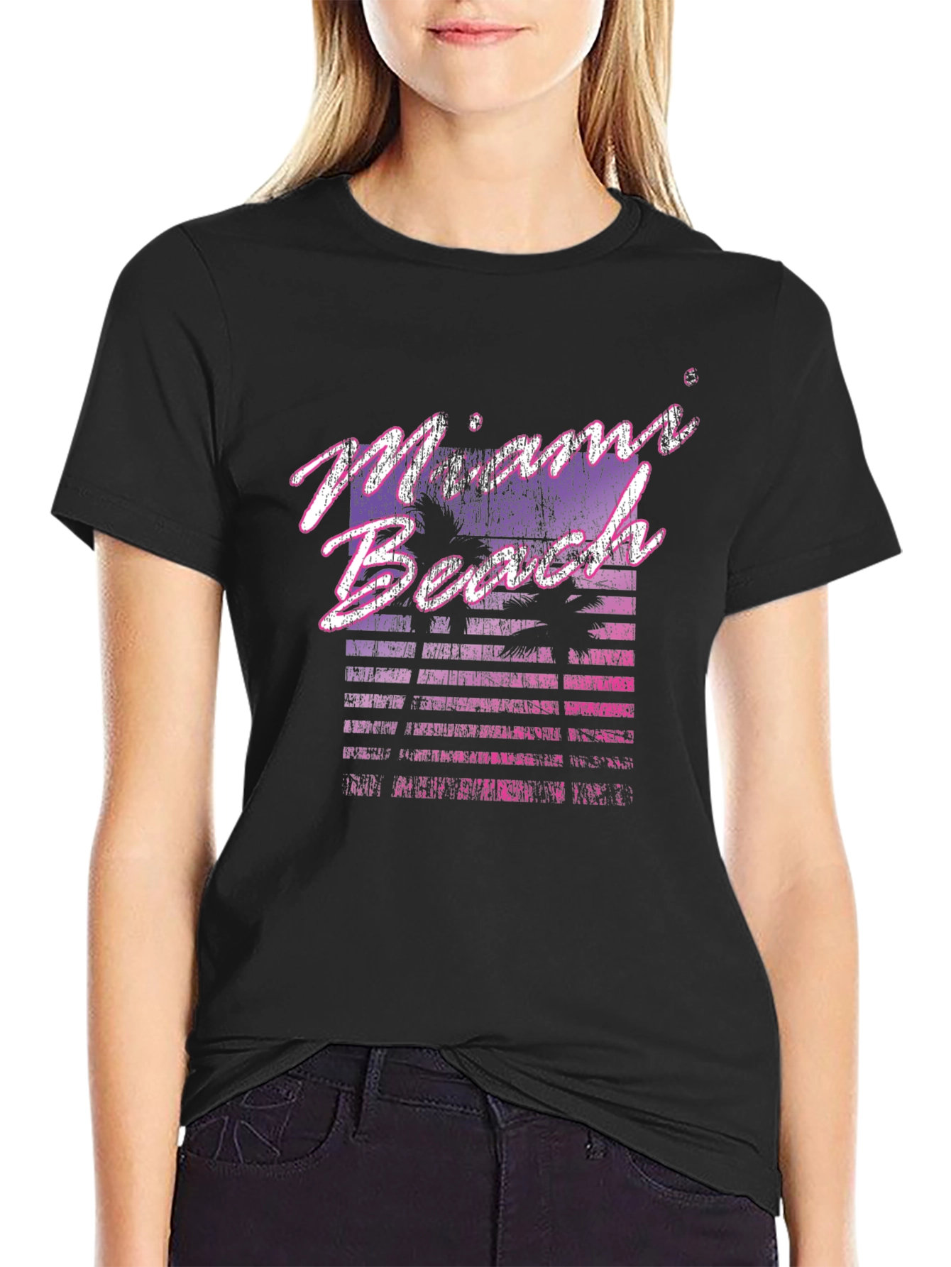 Black Miami Beach Retro Graphic Black T-Shirt view 2