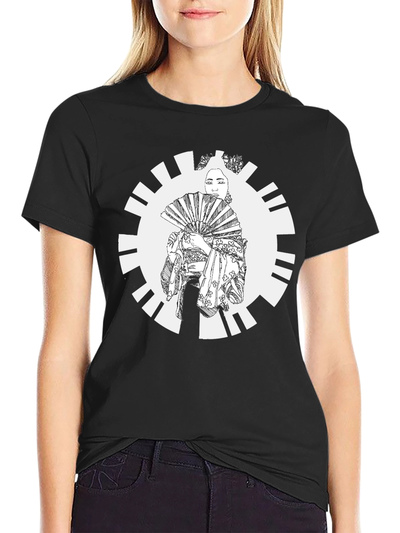 Black Geisha Fan Graphic Tee - Black Cotton Casual Wear view 2