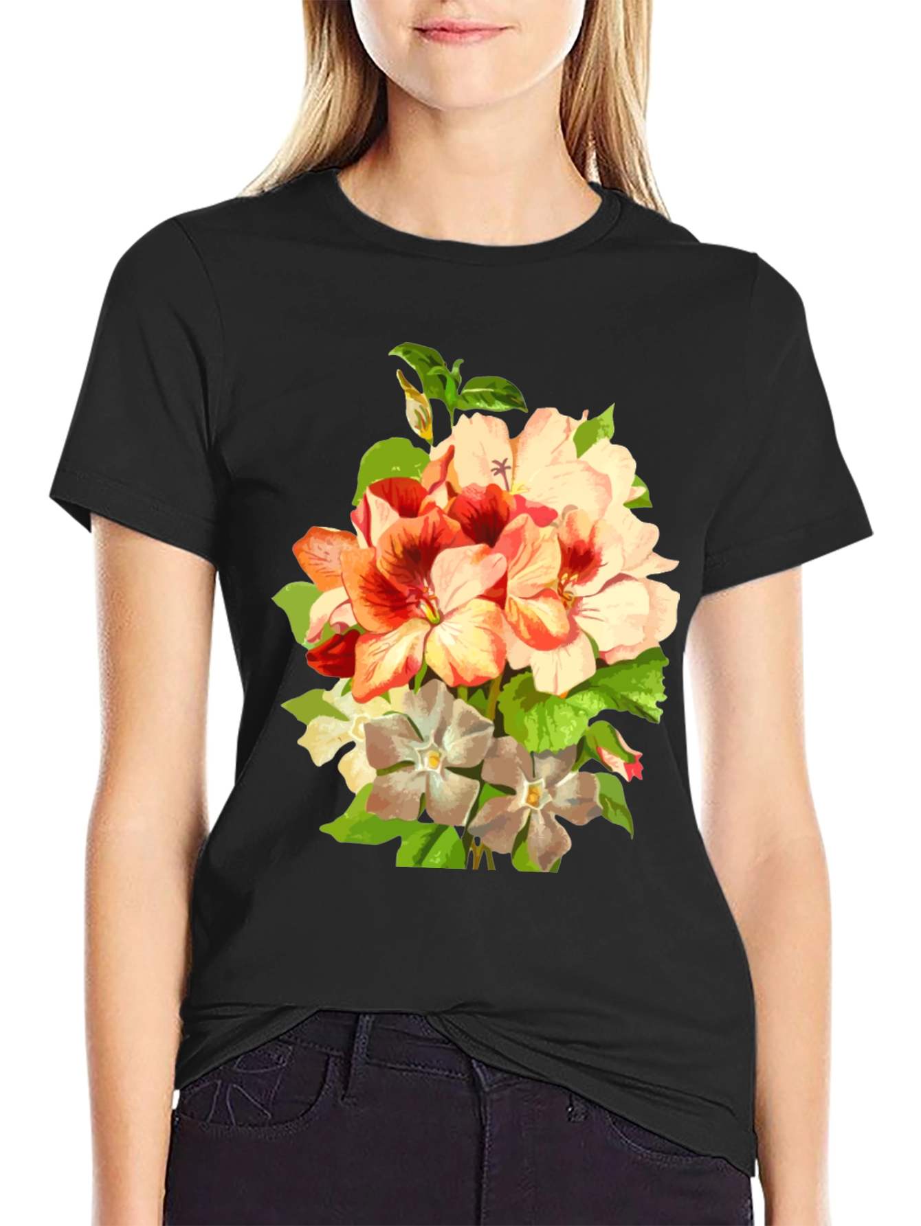 Black Floral Bouquet Graphic Tee - Black Cotton T-Shirt view 2