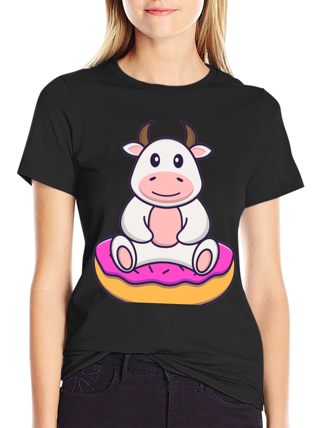 Black Cow on Donut Graphic Tee - Cute Cartoon Style view 2
