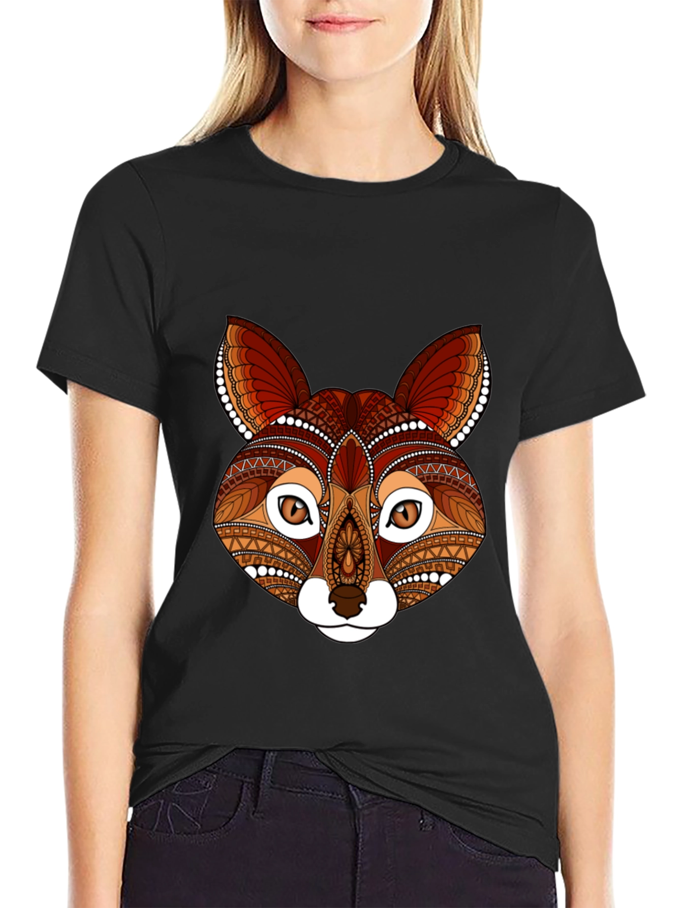 Black Fox Head Graphic Print T-Shirt view 2
