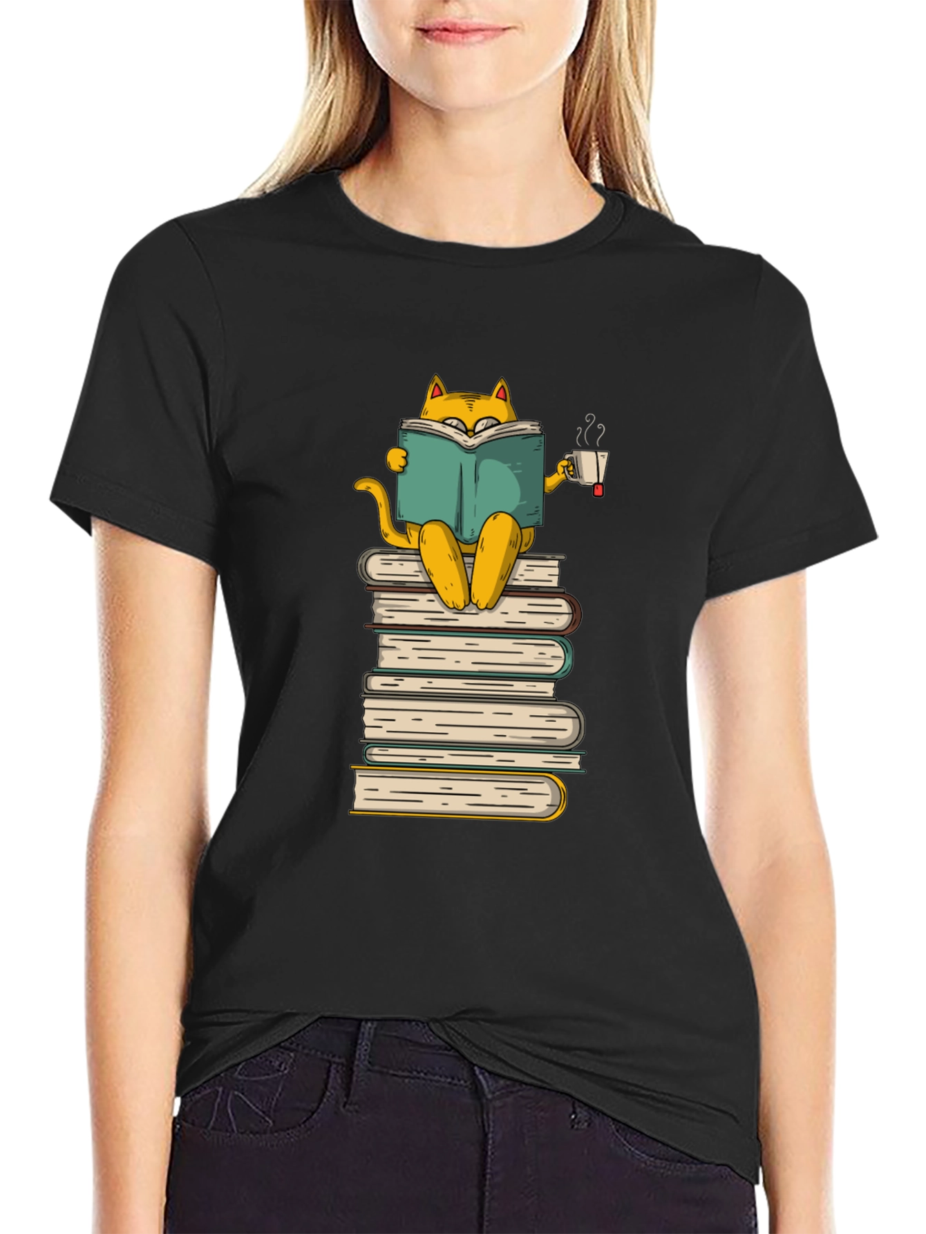 Black Bookish Cat T-Shirt: Cozy Reader view 2