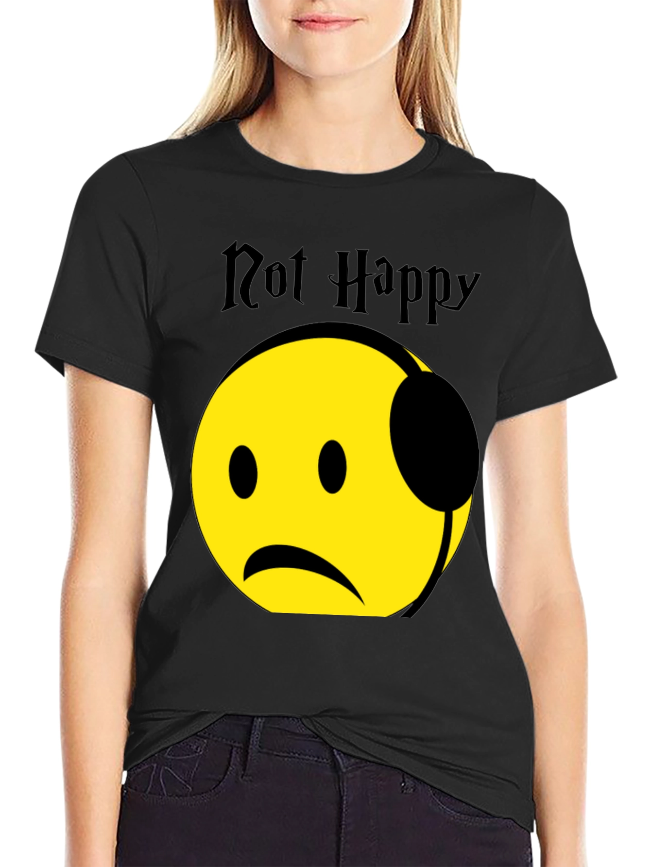 Black Not Happy Emoji Graphic T-Shirt - Trendy Casual Wear view 2