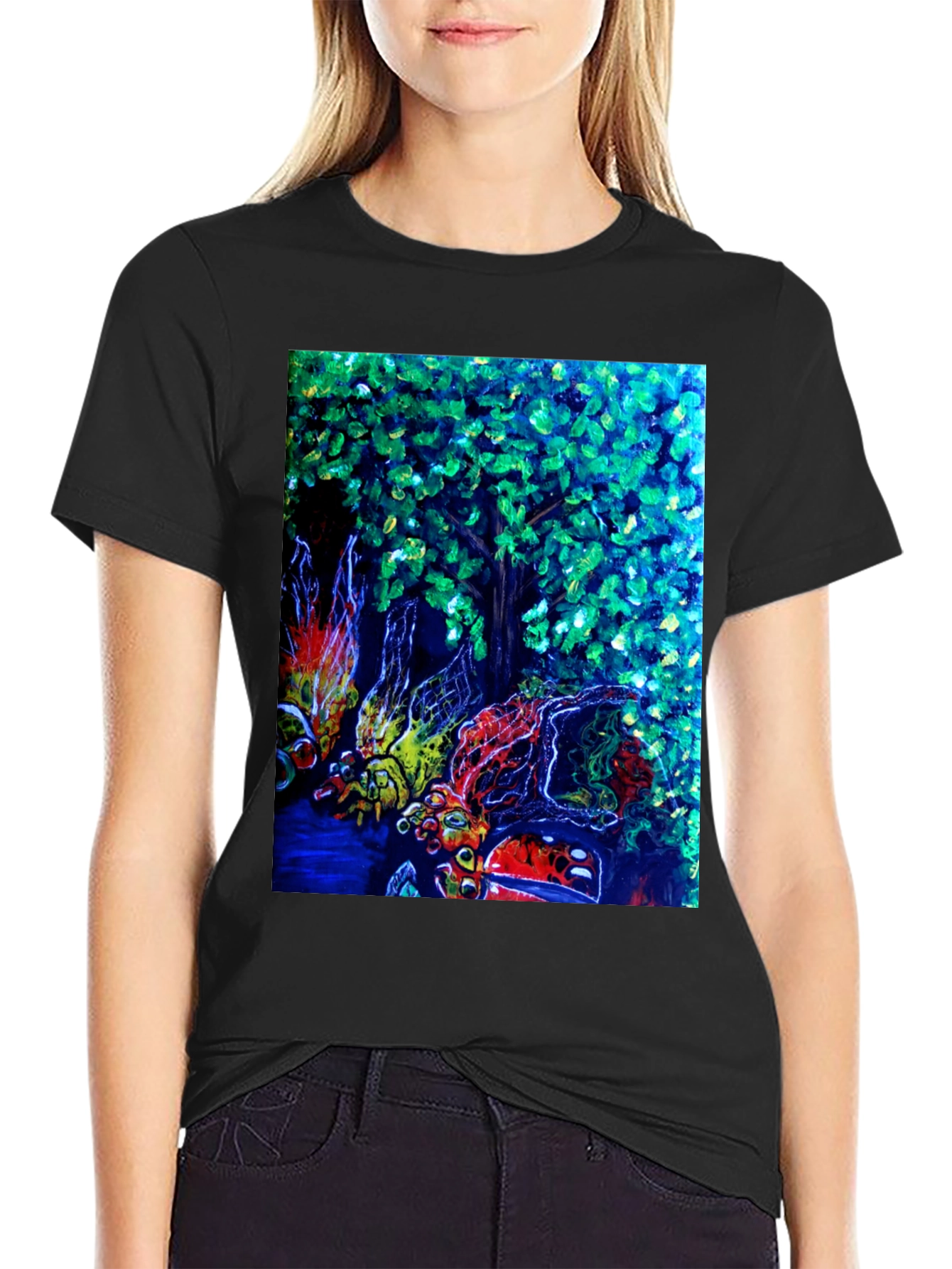 Black Nature Art Graphic Print Black T-Shirt view 2
