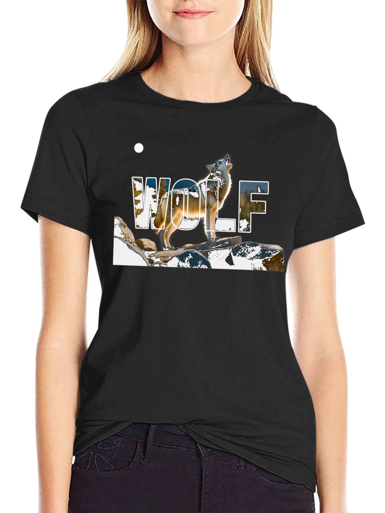 Black Wolf Graphic Print Black T-Shirt view 2
