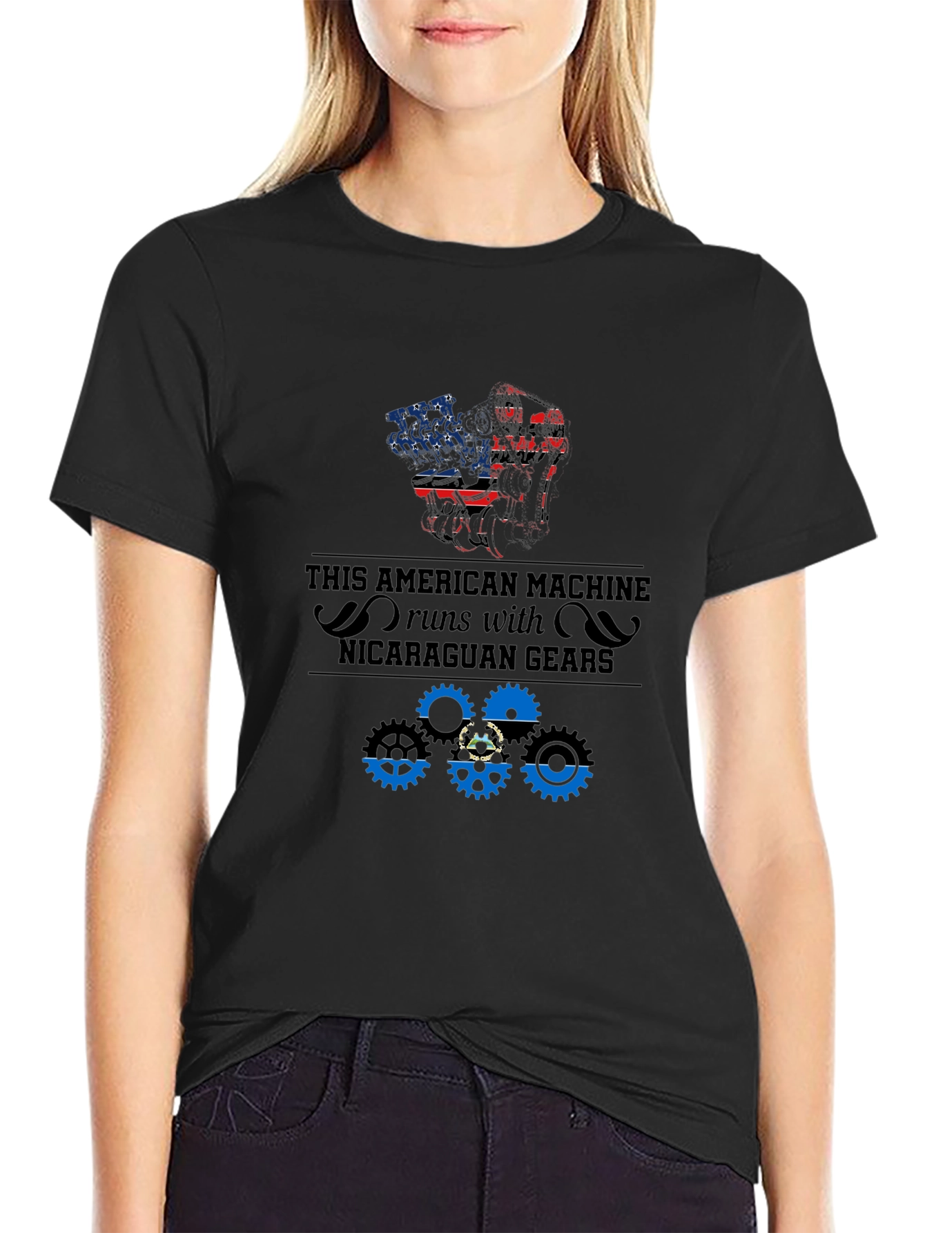 Black American Machine Nicaragua Gears T-Shirt view 2