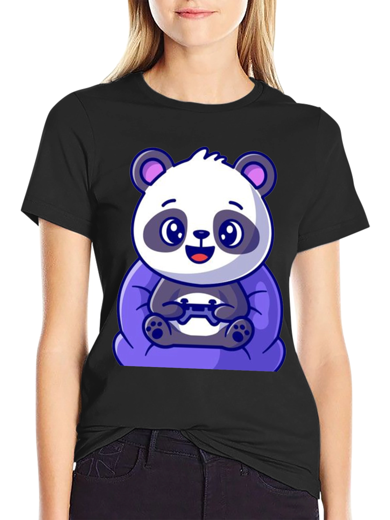 Black Cute Gamer Panda T-Shirt - Black Cotton Tee view 2