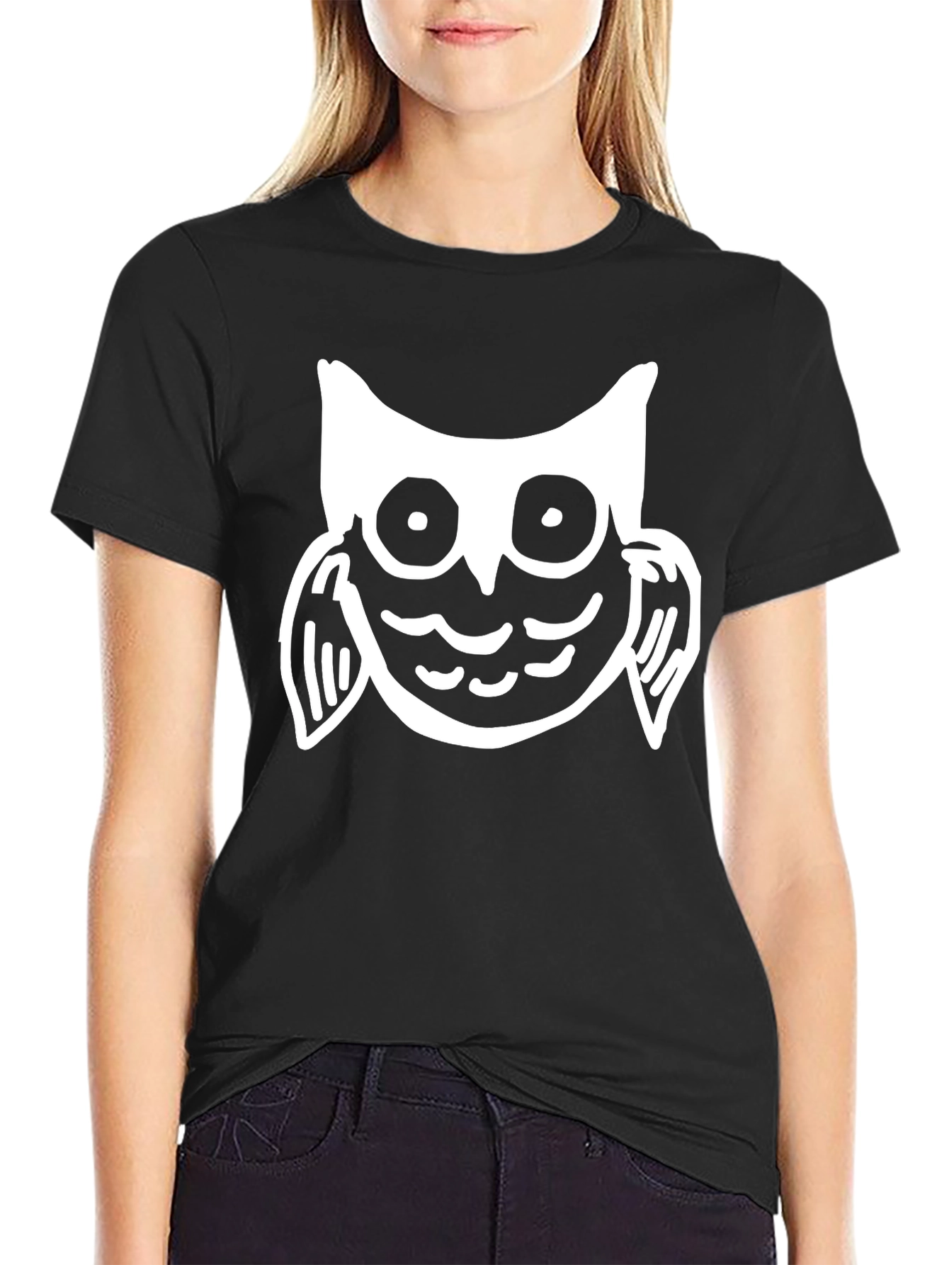 Black Owl Graphic Print Black Crew Neck T-Shirt view 2