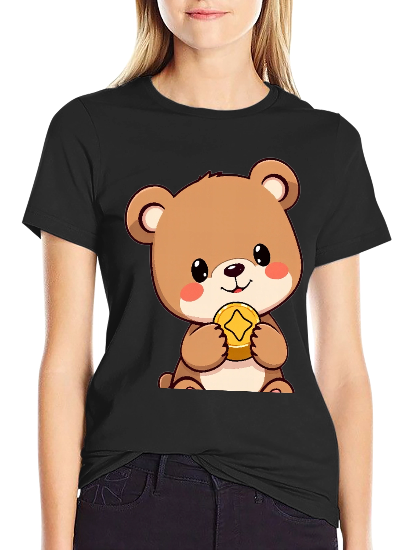 Black Cute Bear with Coin Black T-Shirt view 2