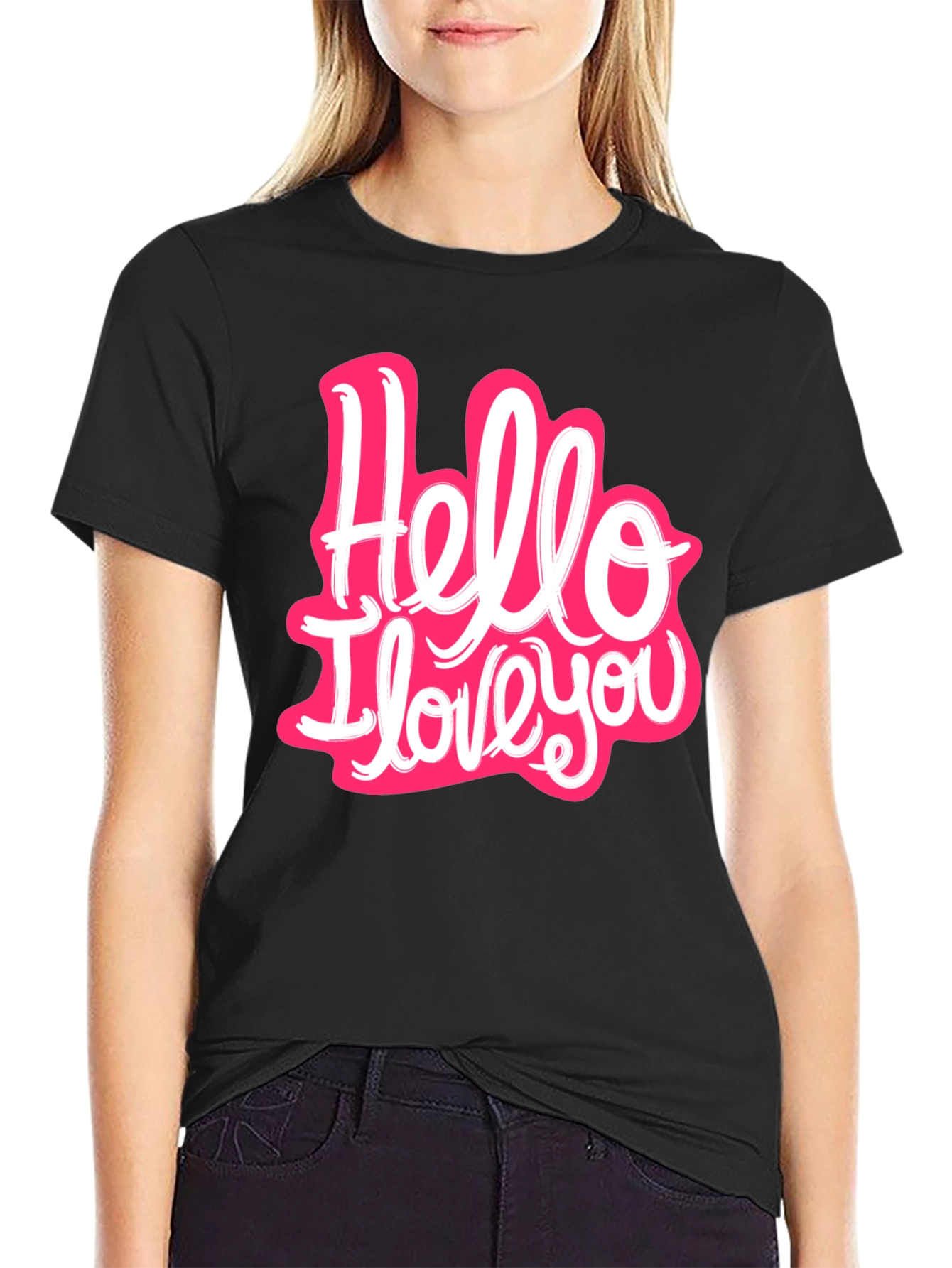 Black Hello I Love You Graphic T-Shirt - Trendy Casual Wear view 2