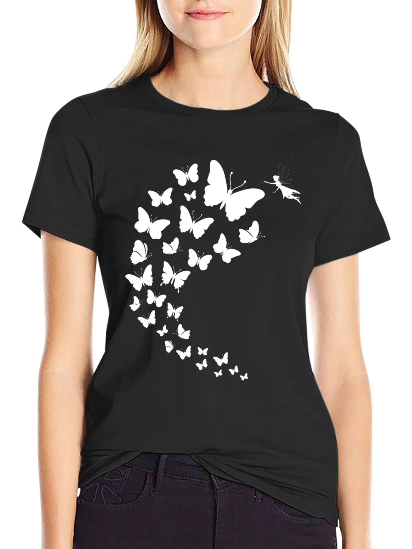 Black Butterfly Fairy Graphic Tee - Black Casual T-Shirt view 2