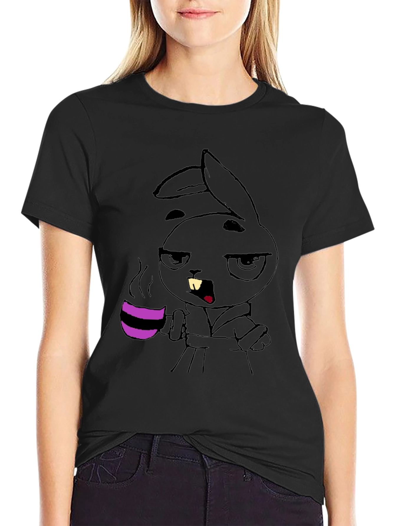 Black Grumpy Bunny Coffee T-Shirt - Black Cotton Tee view 2