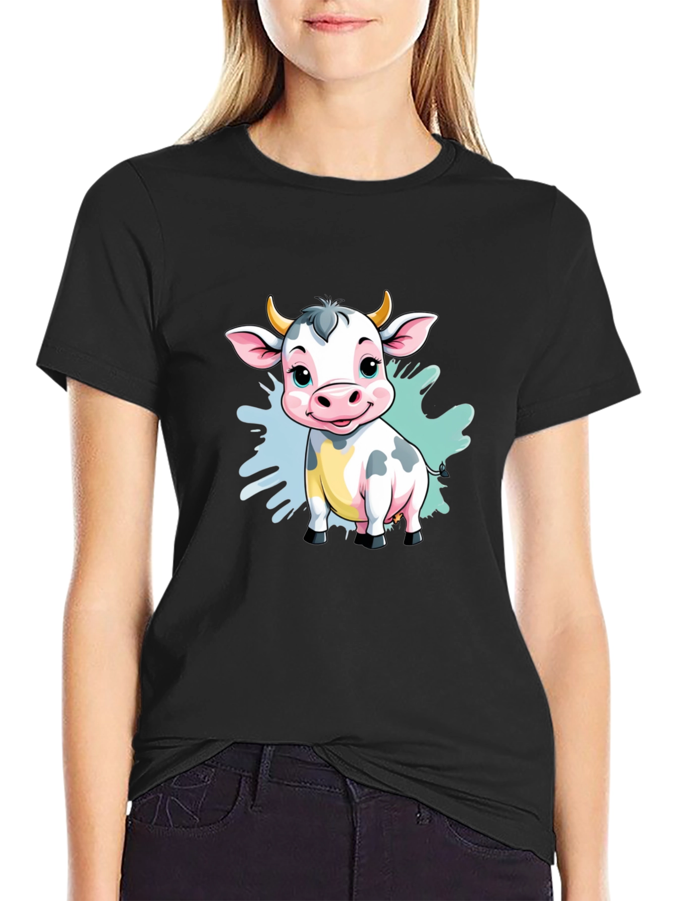Black Cute Cartoon Cow Black T-Shirt view 2