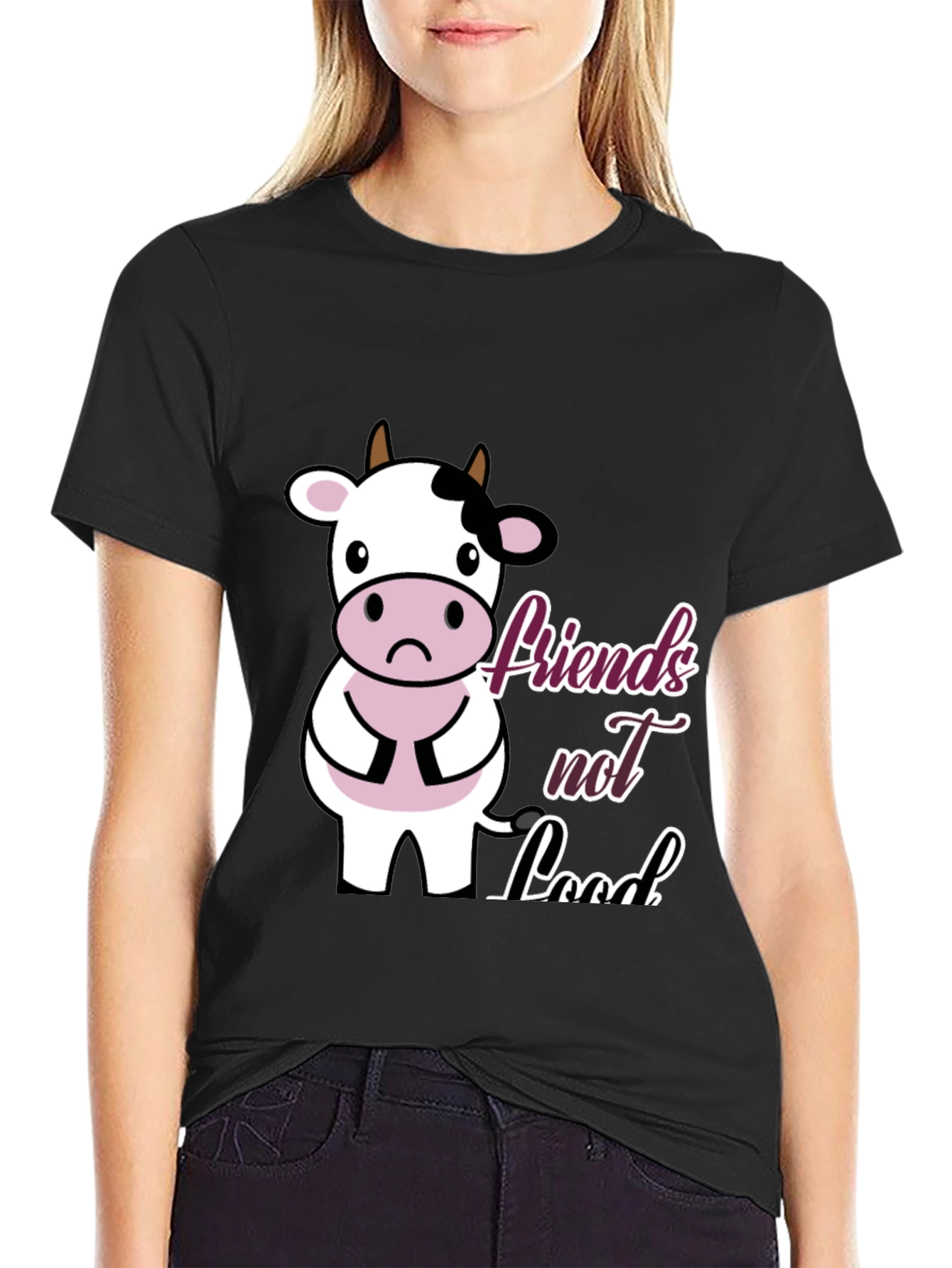 Black Vegan Cow T-Shirt - Friends Not Food view 2