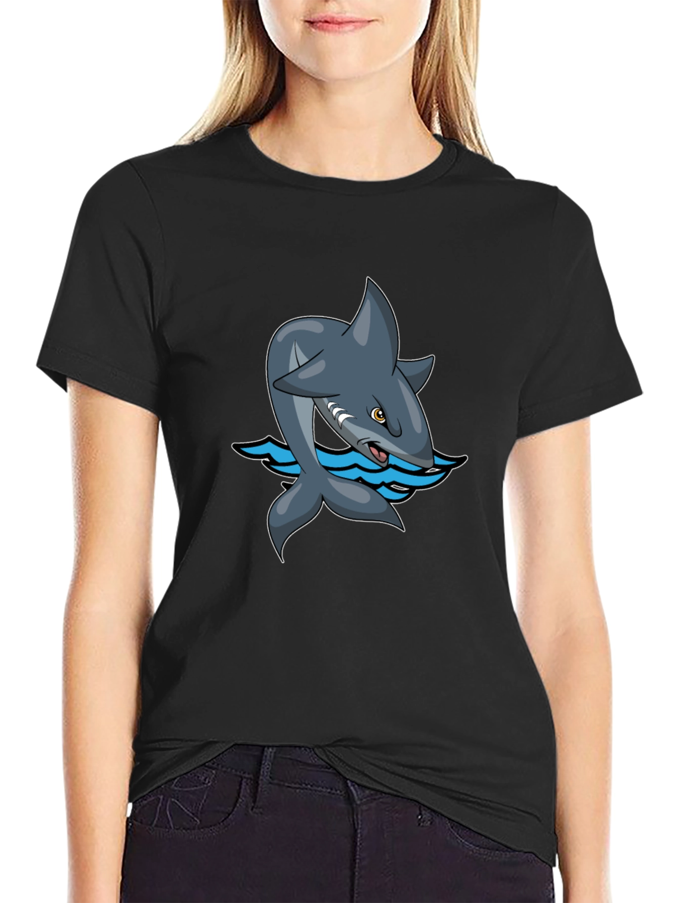 Black Cartoon Shark Graphic Tee - Black Cotton Comfort view 2