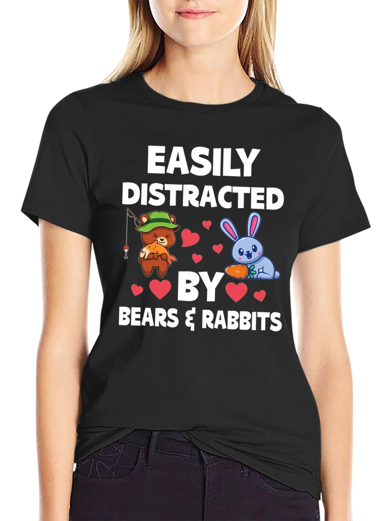 Black Easily Distracted by Bears & Rabbits T-Shirt view 2