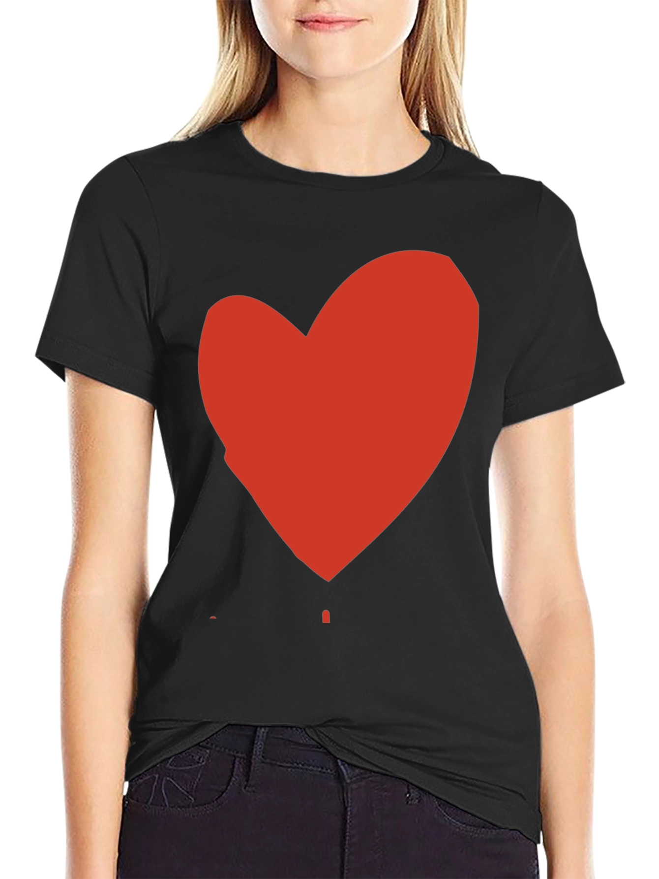Black Black T-Shirt with Red Heart Graphic Print view 2