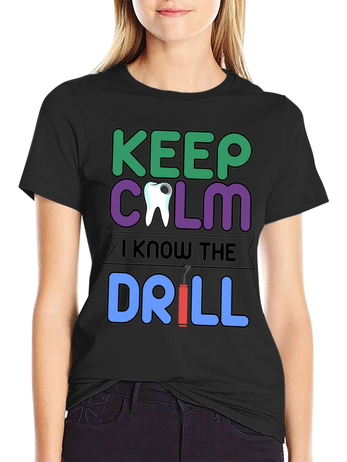 Black Keep Calm Dentist T-Shirt Funny Dental Drill Tee view 2