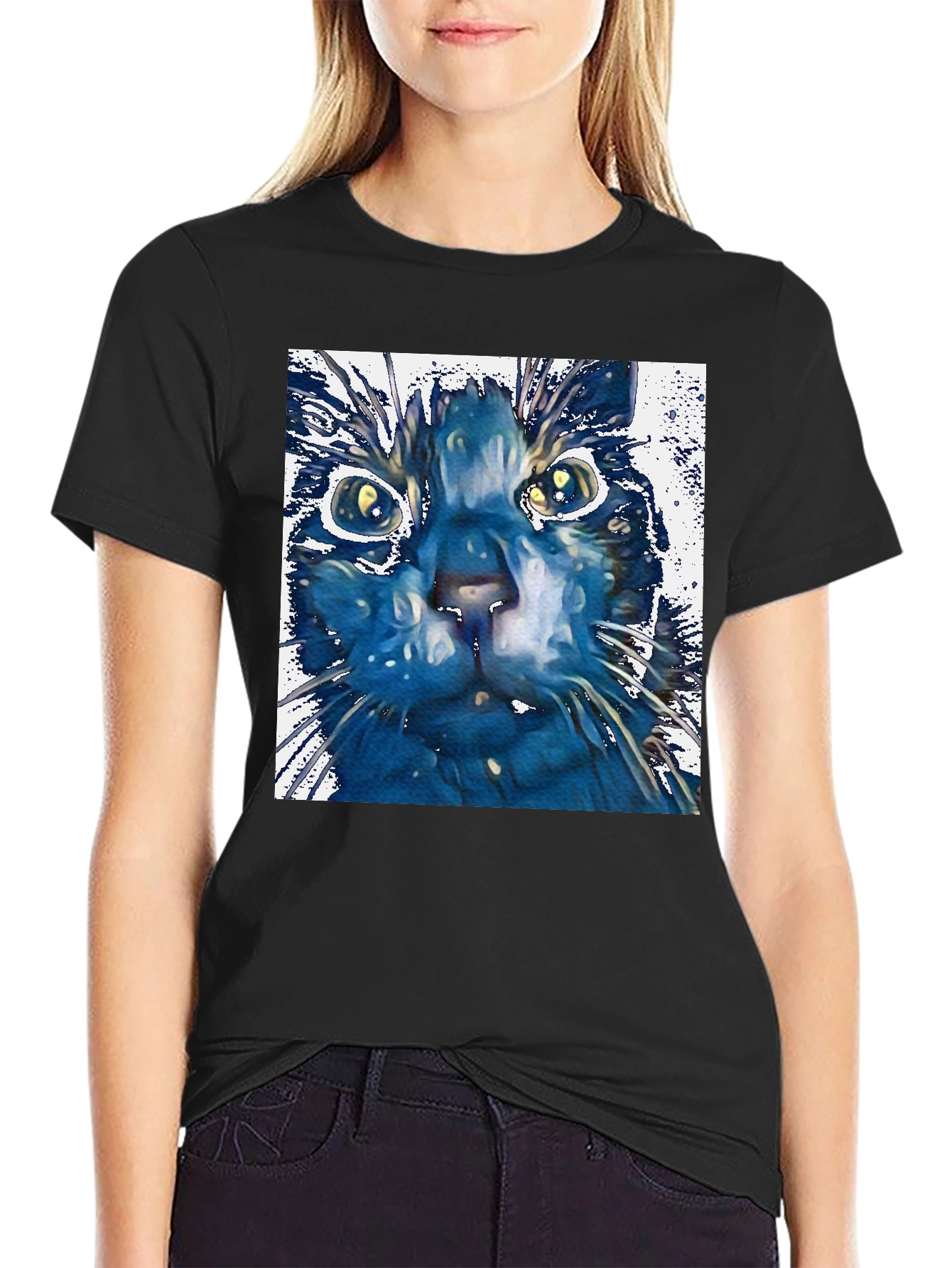 Black Abstract Cat Art Print Black T-Shirt view 2