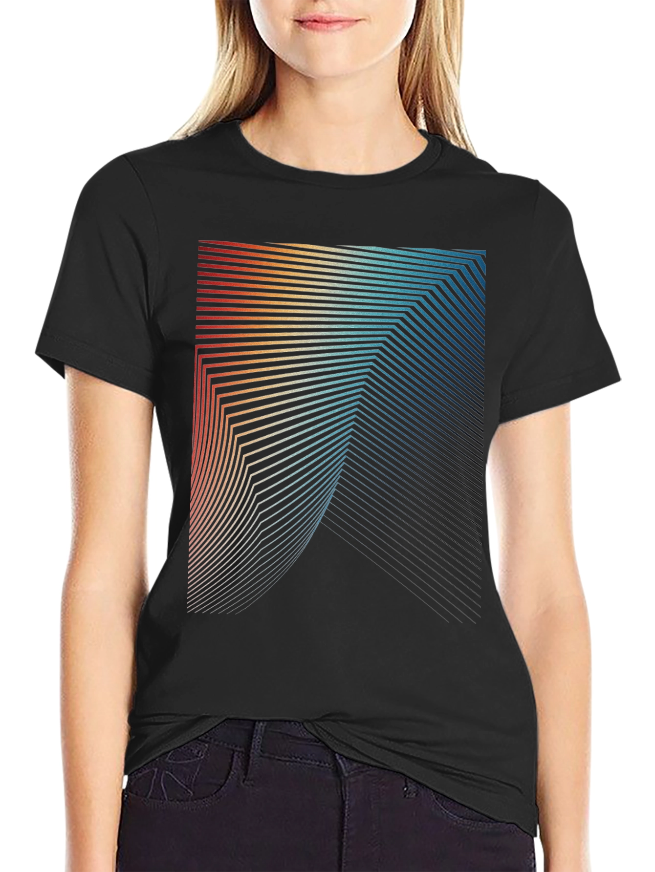 Black Retro Geometric Lines Graphic T-Shirt view 2