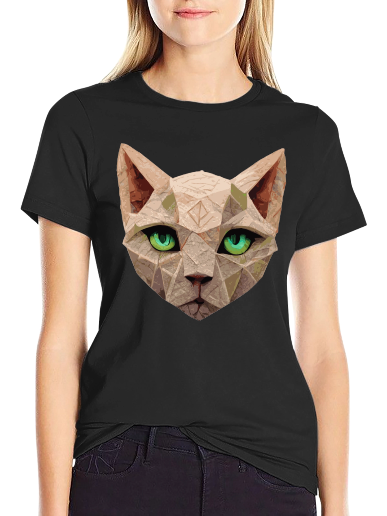 Black Geometric Cat T-Shirt - Unique Art Tee view 2
