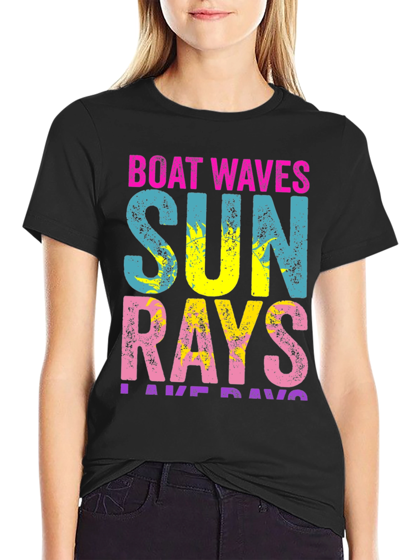 Black Boat Waves Sun Rays T-Shirt - Vibrant Summer Tee view 2