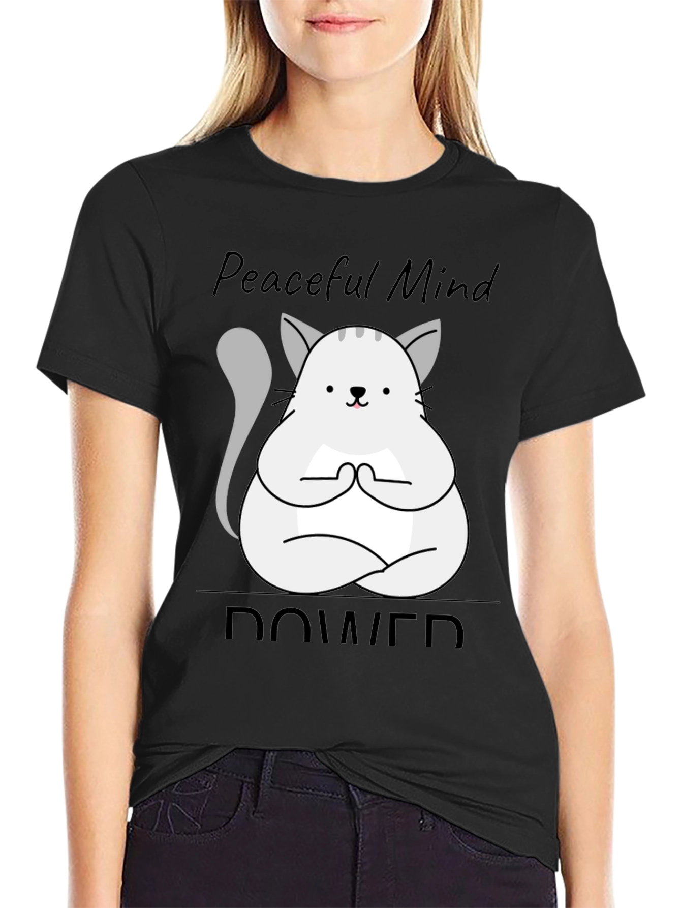 Black Peaceful Mind Power Cat T-Shirt view 2