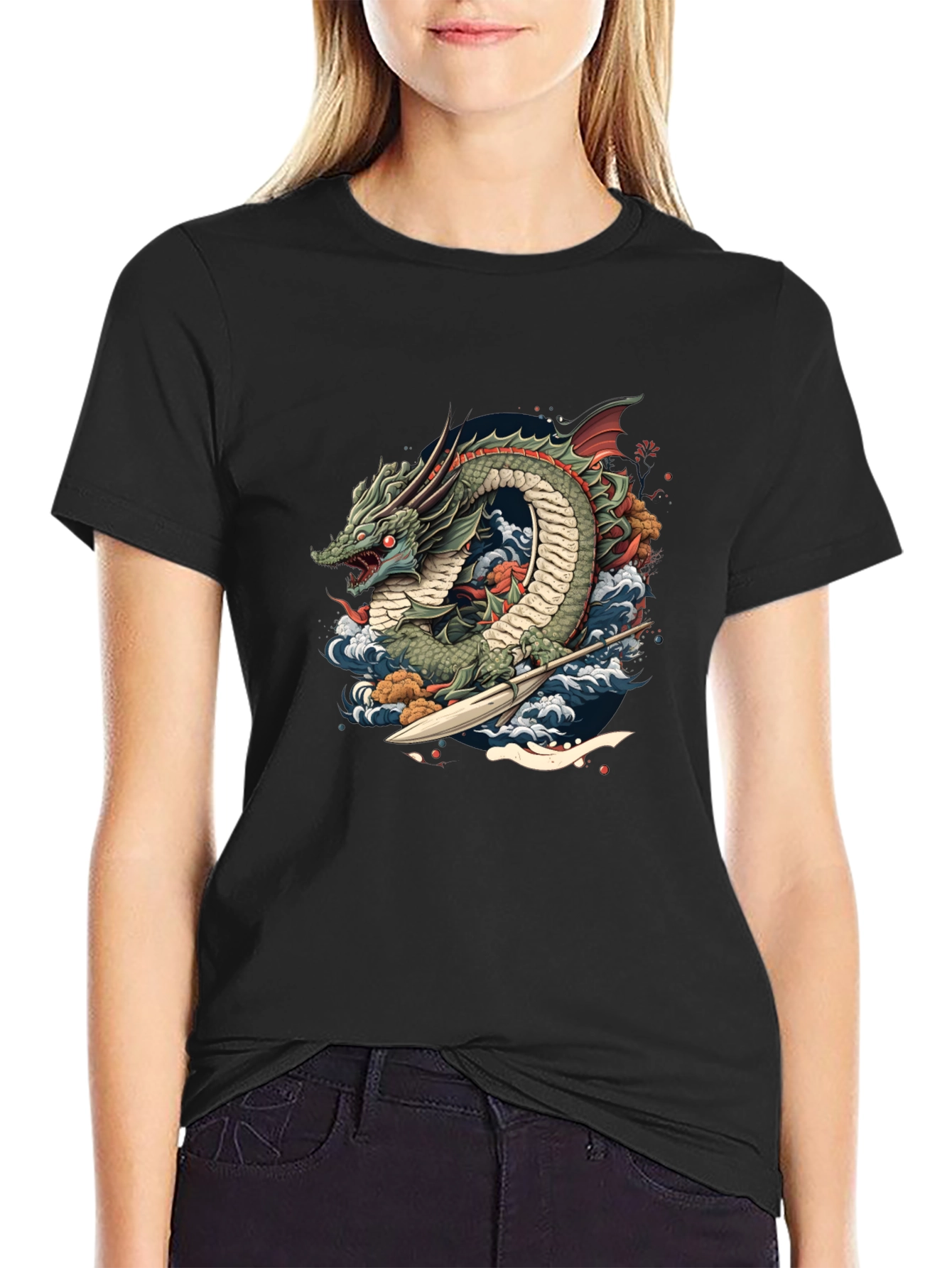 Black Dragon Wave T-Shirt - Unique Graphic Tee view 2