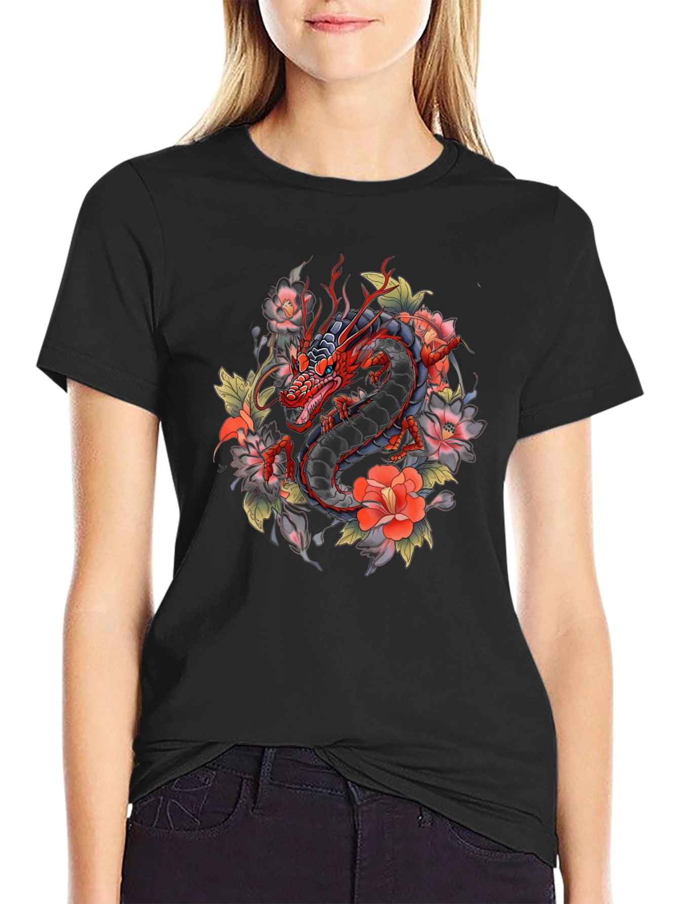 Black Dragon and Floral Graphic Tee - Black Cotton Blend view 2