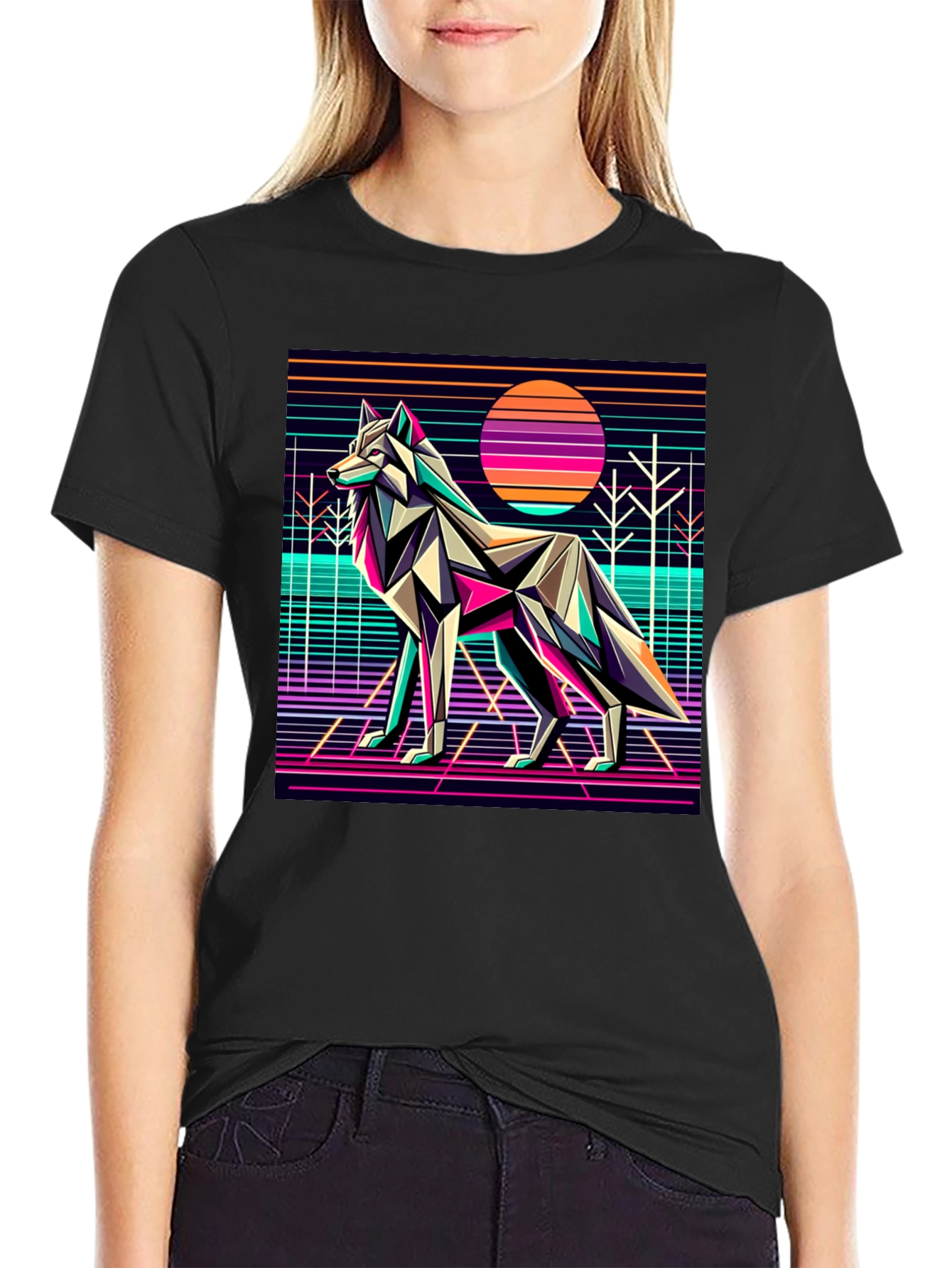 Black Retro Wolf Graphic Tee - 80s Style view 2