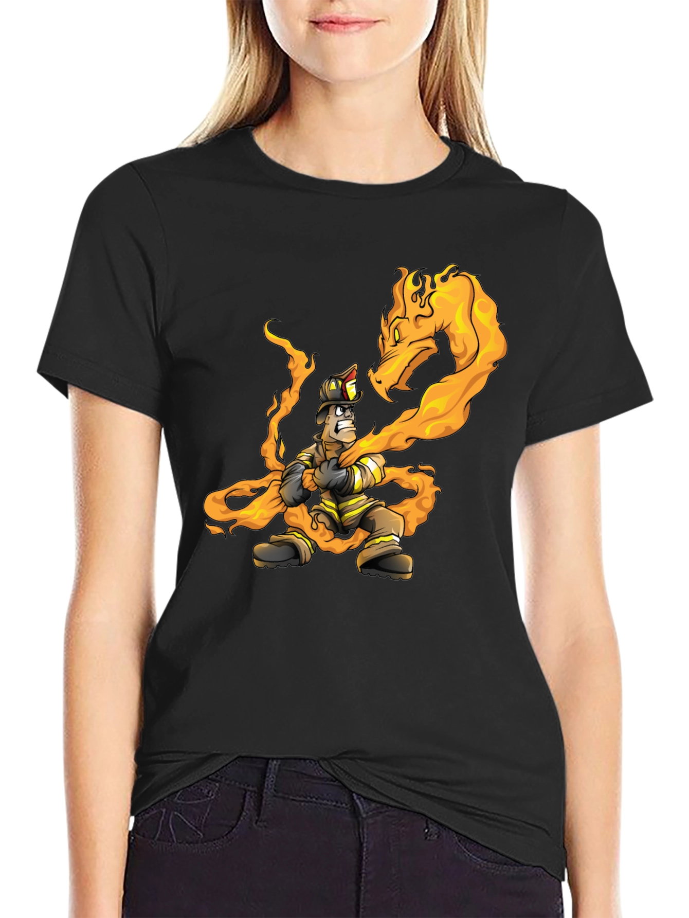 Black Firefighter vs Dragon Graphic T-Shirt - Cool Design view 2
