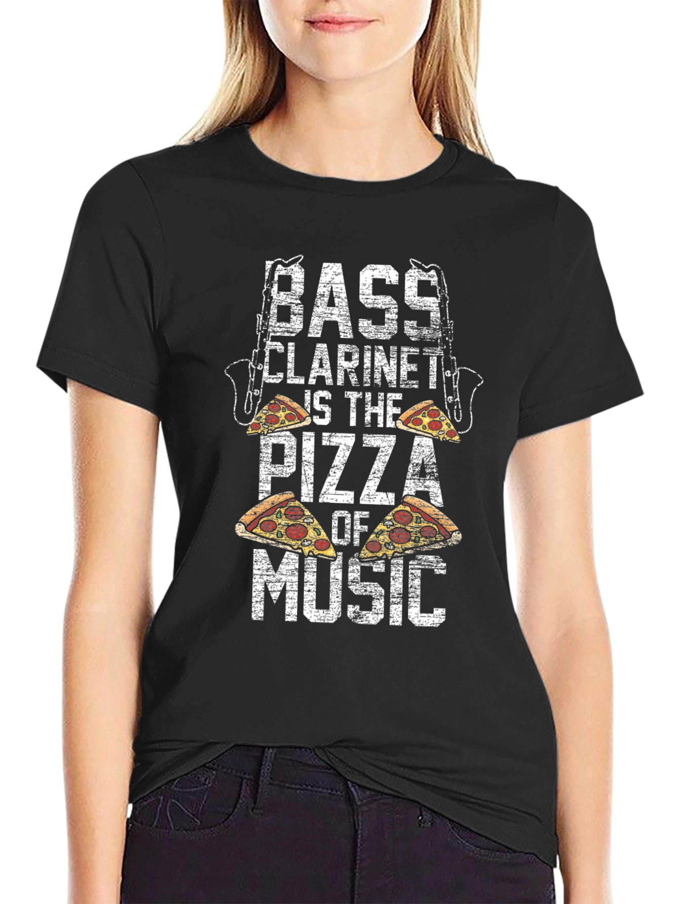 Black Bass Clarinet Pizza Music Black T-Shirt view 2