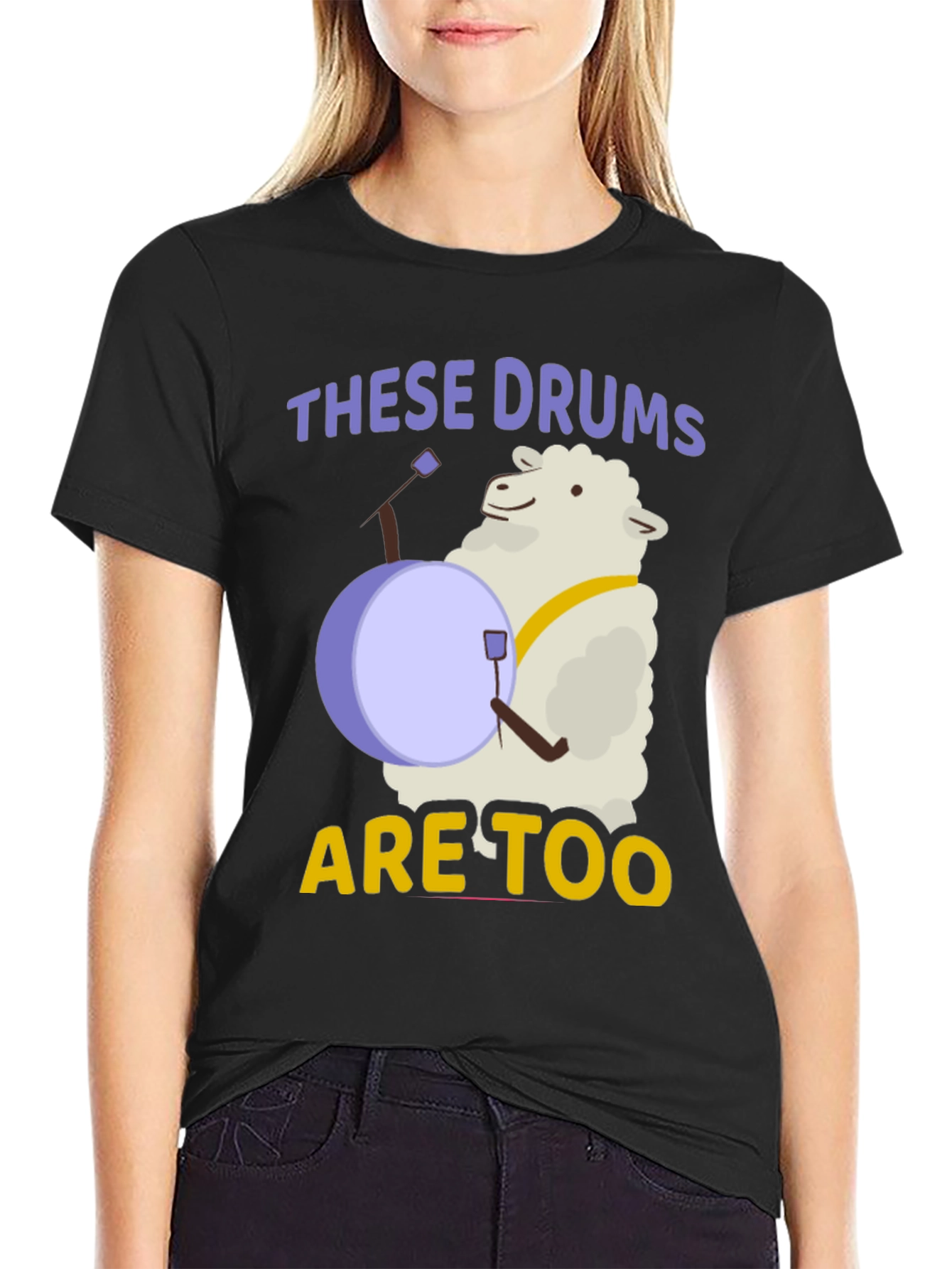 Black Funny Sheep Drummer T-Shirt - "These Drums are Too" view 2