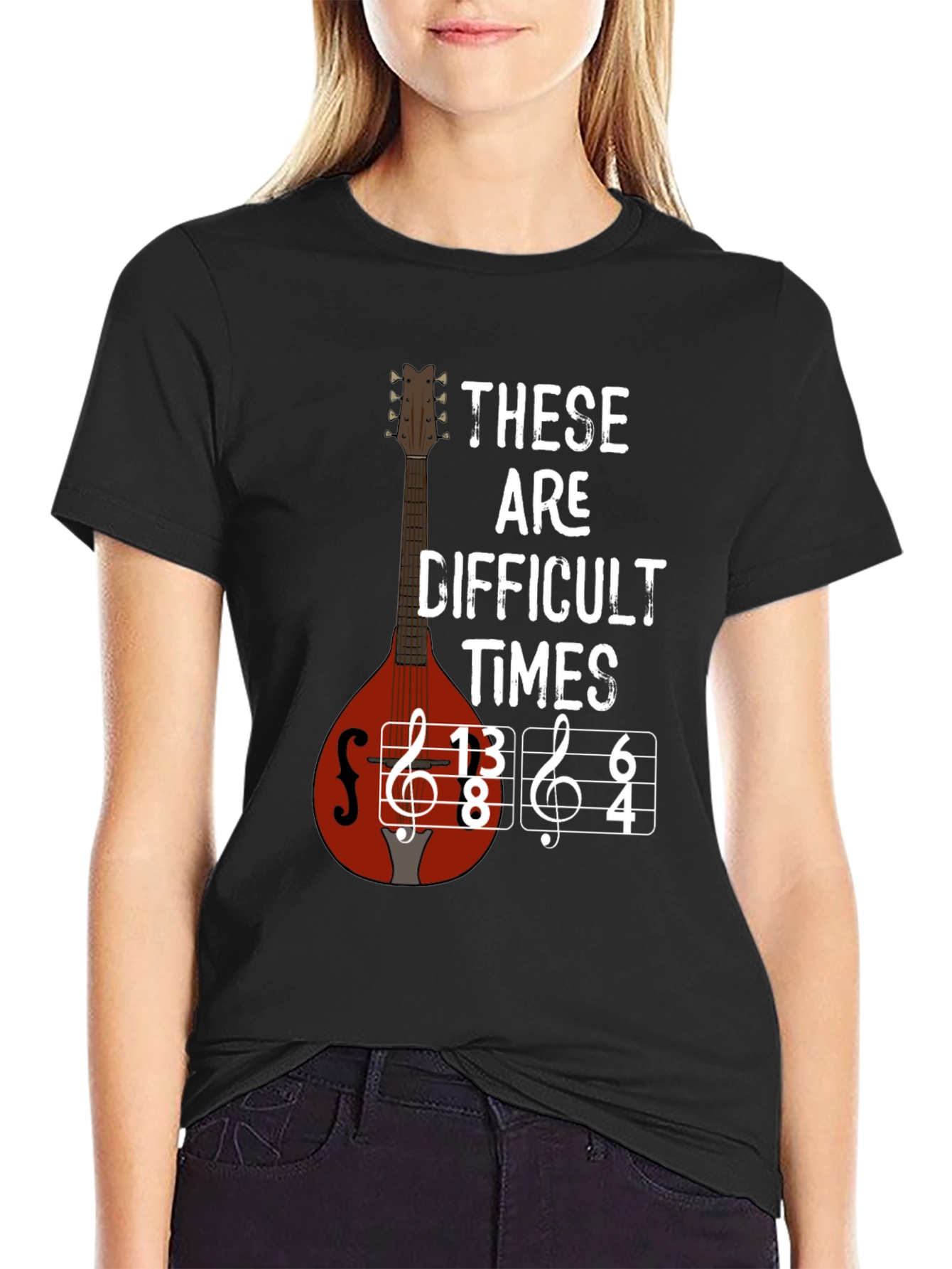 Black Difficult Times Music T-Shirt - Mandolin Graphic Tee view 2